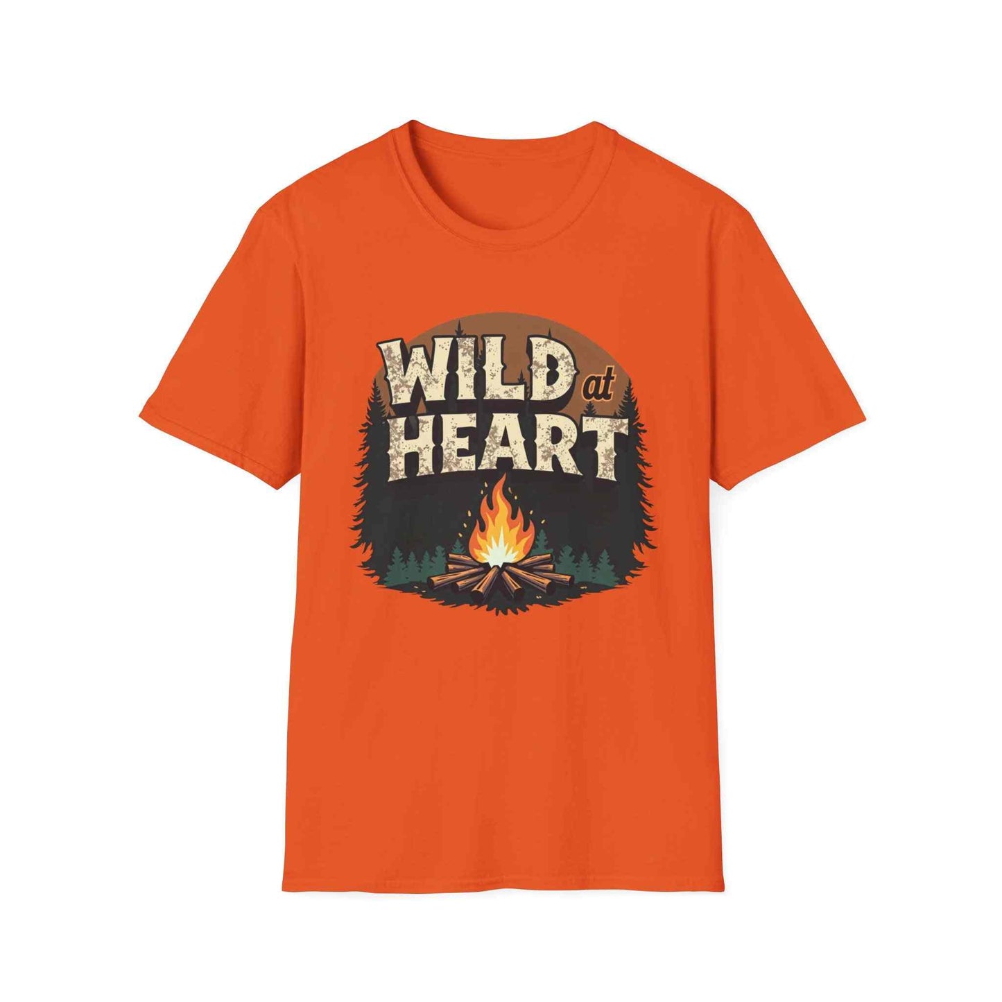 Orange Wild at Heart Camping T-Shirt with campfire and forest graphic design