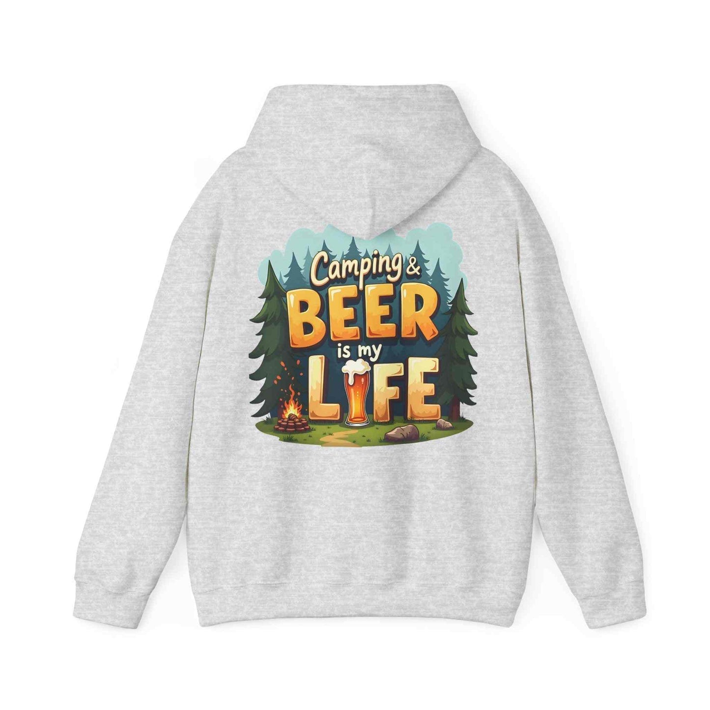 Unisex gray Beer Life Camping Hoodie with outdoor beer-themed graphic design on the back and adjustable hood