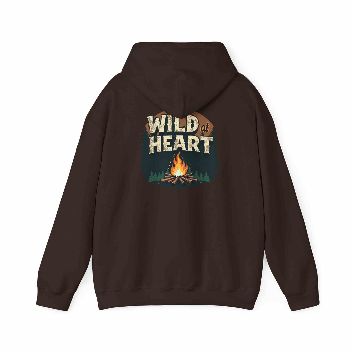 Brown Wild Heart Unisex Hoodie with campfire graphic, cozy outdoor sweatshirt for camping and hiking enthusiasts