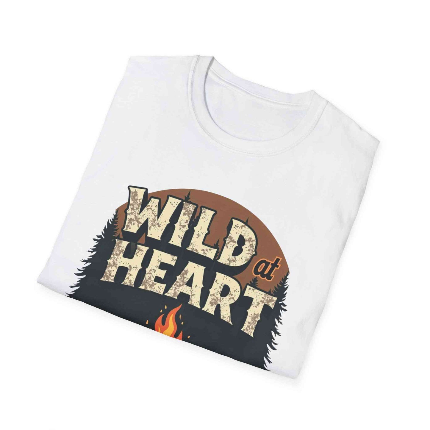 Folded white Wild at Heart Camping T-Shirt with outdoor-themed graphic design