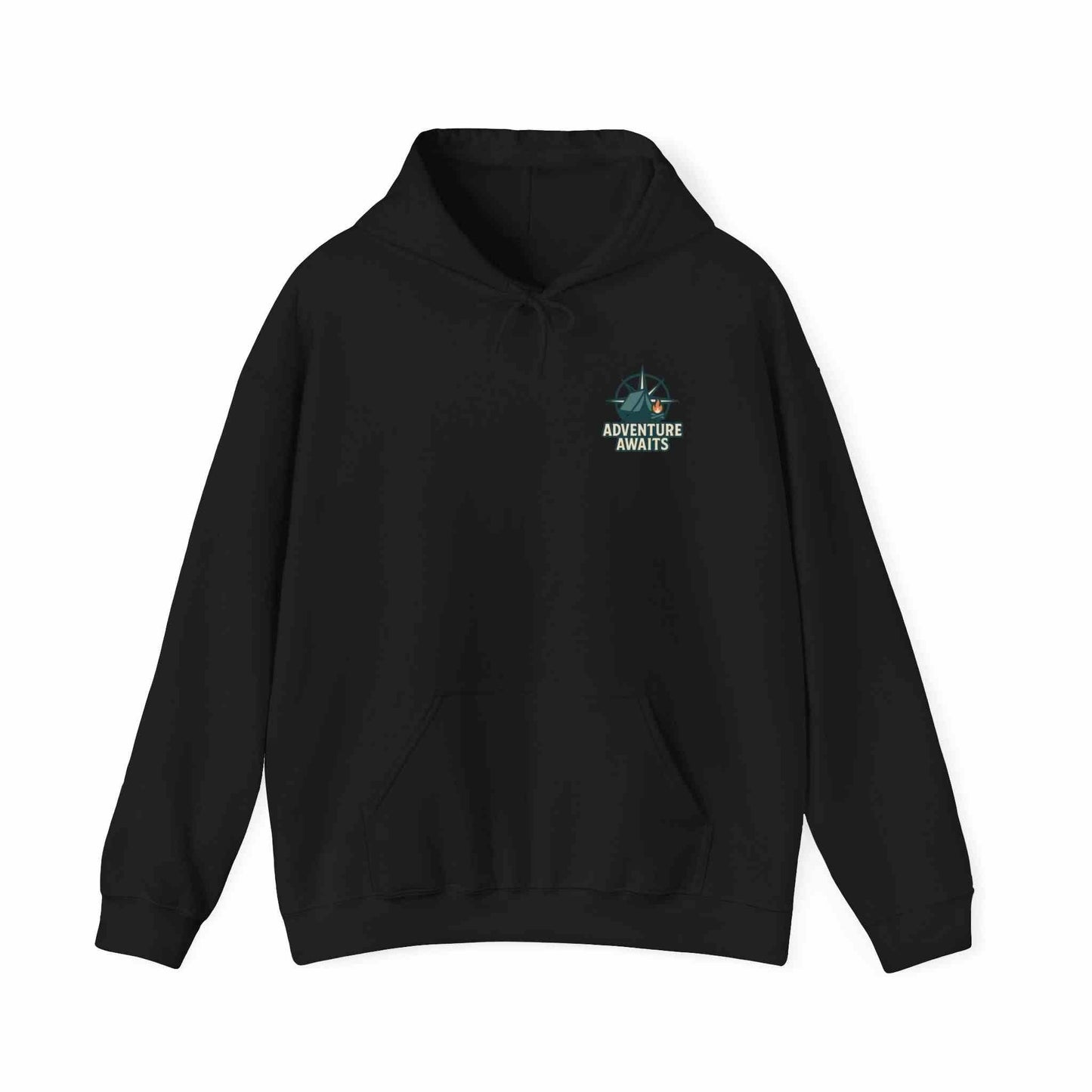 Black unisex hoodie with "Adventure Awaits" text and compass graphic, casual travel and outdoor wear