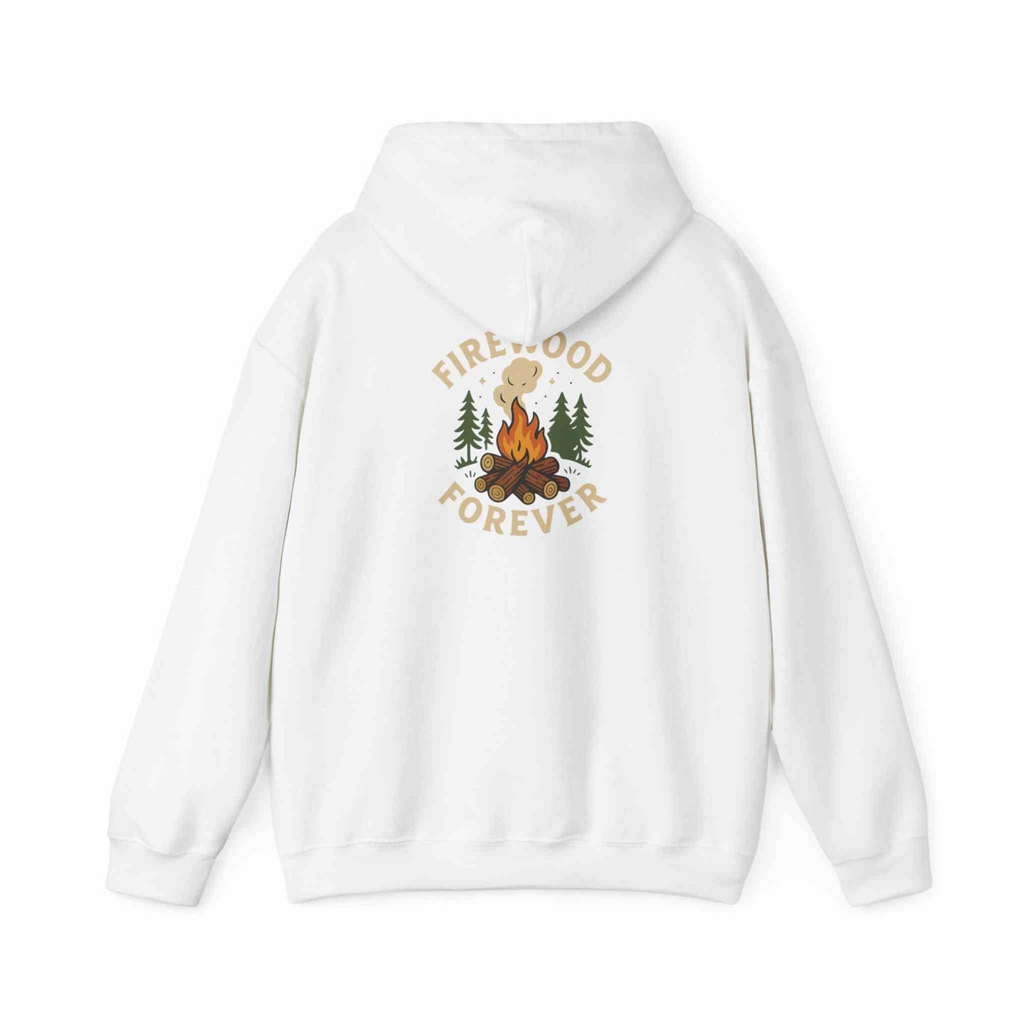 White unisex Cozy Campfire Hoodie with firewood and tree graphic on back