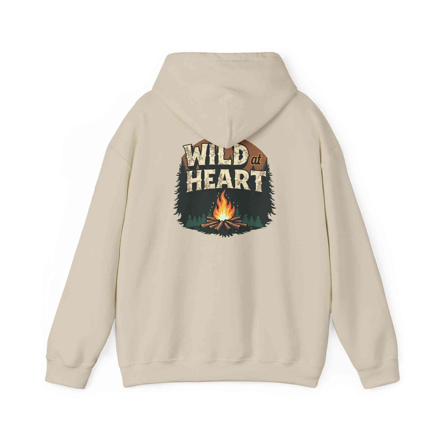 Beige Wild Heart Unisex Hoodie with campfire and forest graphic on back, cozy camping sweatshirt