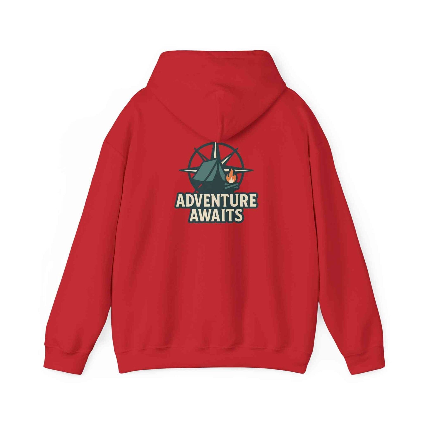 Red Adventure Awaits unisex travel hoodie with camping tent and campfire graphic on back