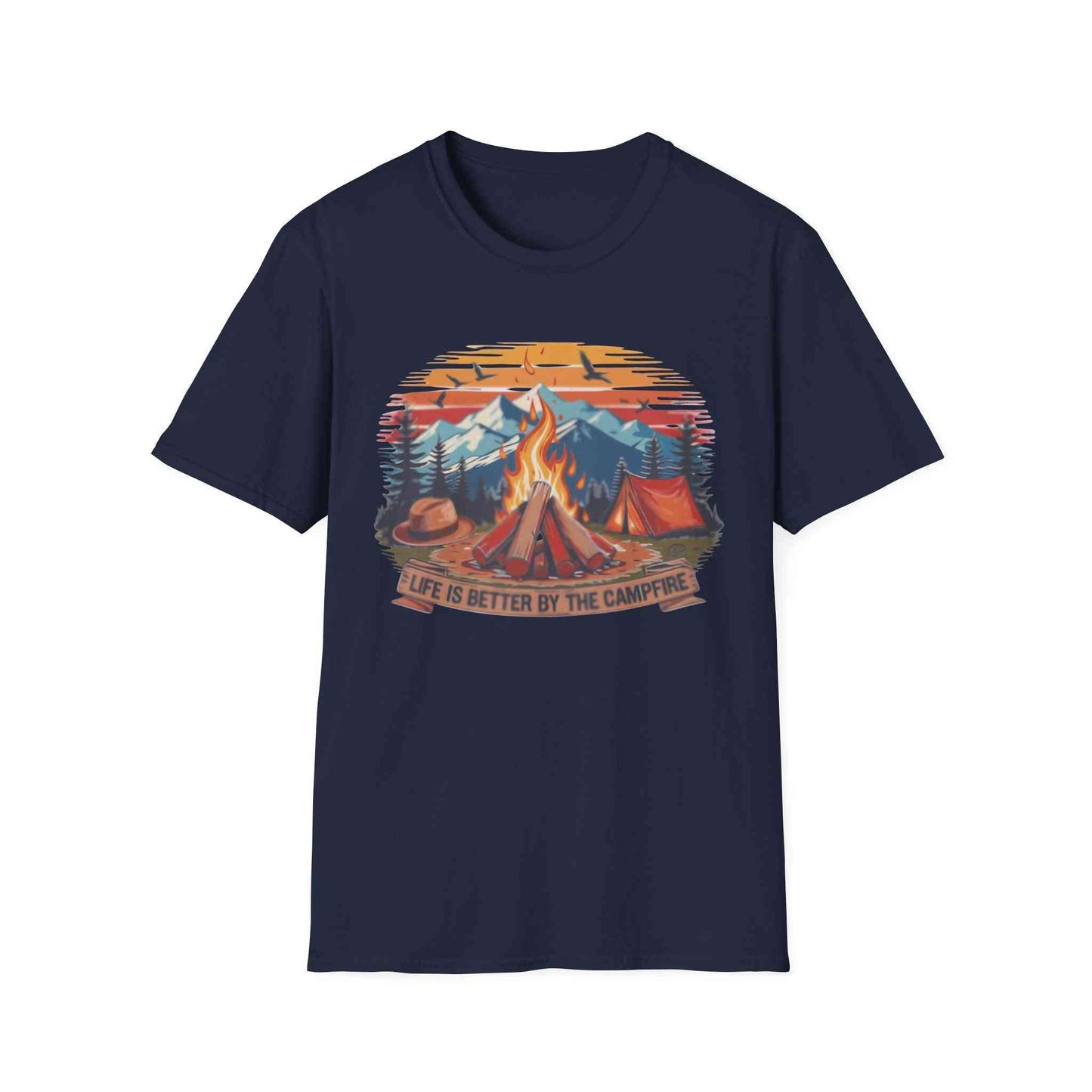 Campfire Vibes Unisex Softstyle T-Shirt with outdoor campfire and mountain graphic design