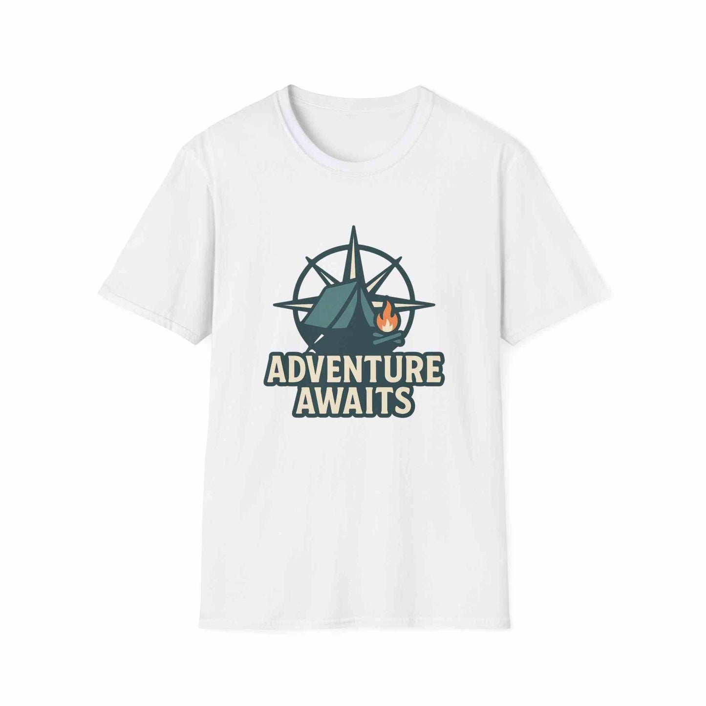 Adventure Awaits Unisex Softstyle T-Shirt, Camping Shirt, Hiking Tee, Outdoor Enthusiast Gift, Adventure Lover Apparel, Travel T-Shirt
