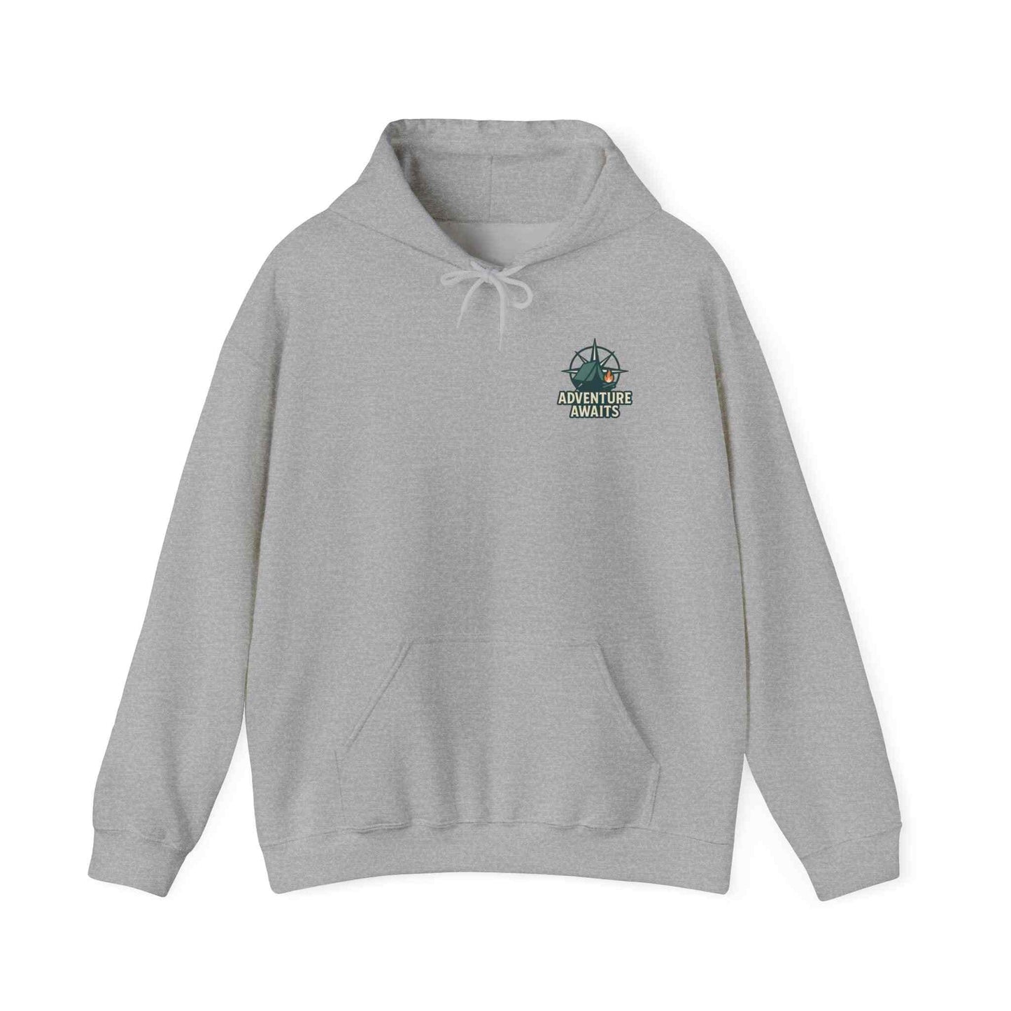 Gray unisex hoodie with Adventure Awaits logo, casual travel and outdoor wear