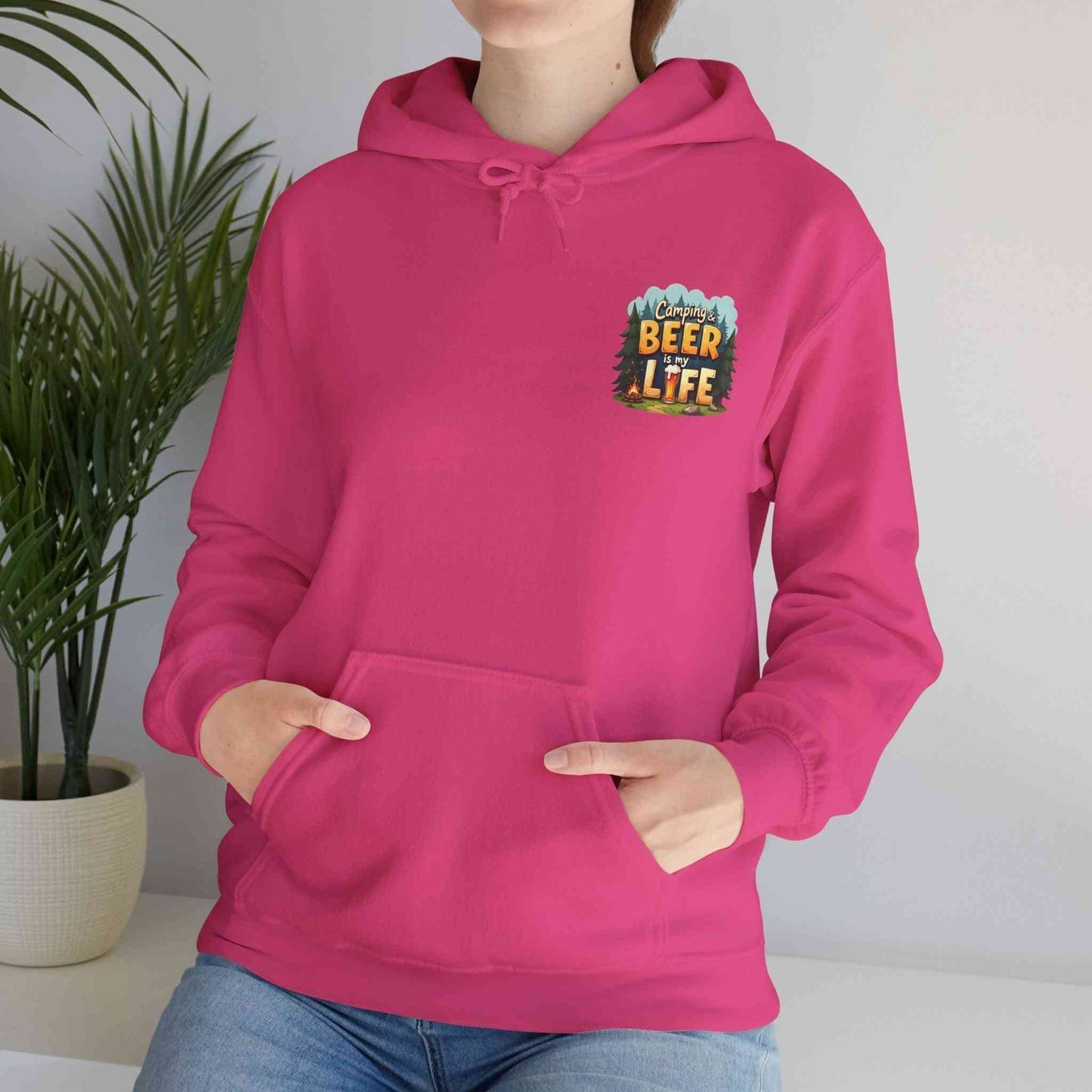 Unisex heavy blend pink Beer Life Camping Hoodie with kangaroo pocket and adjustable hood for outdoor and casual wear