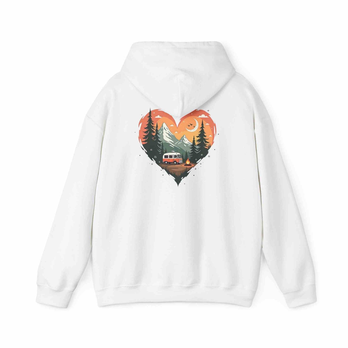 White unisex hoodie with Nature Lover's Heart design featuring a heart-shaped forest, mountains, and camper van illustration on the back