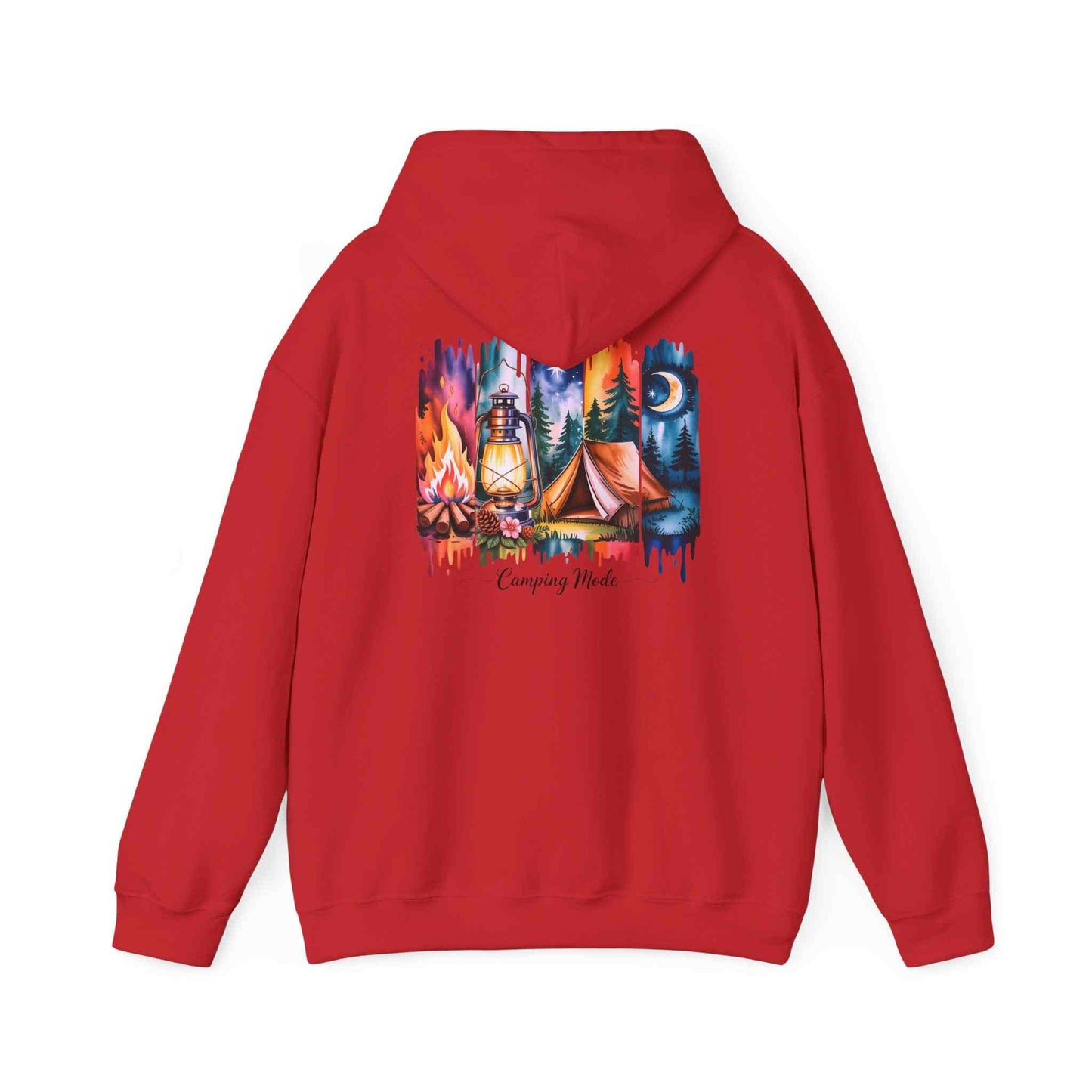Red unisex cozy camping hoodie with colorful campfire, lantern, tent, and moon graphic on the back