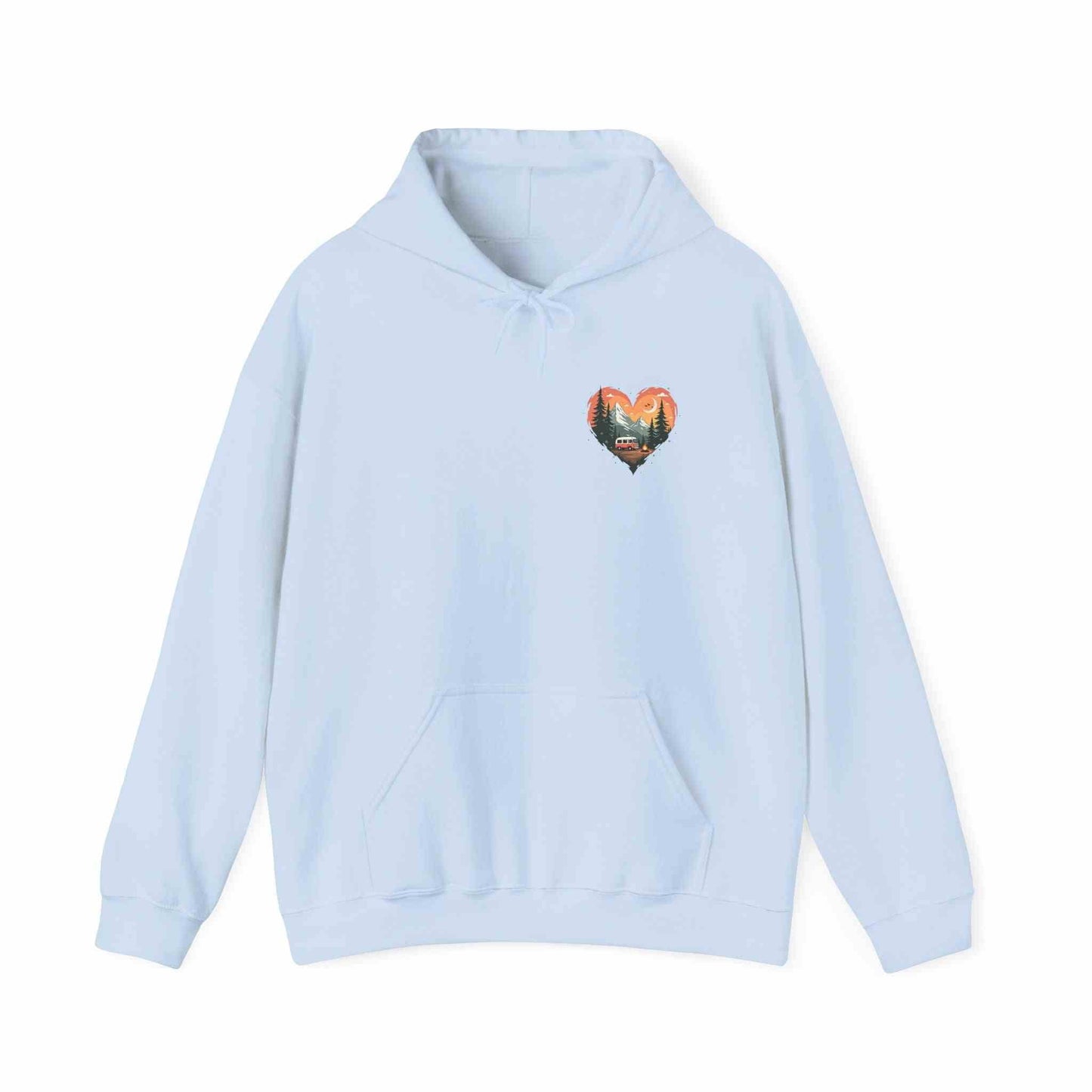 Light blue unisex hoodie with nature-inspired heart graphic for outdoor lovers