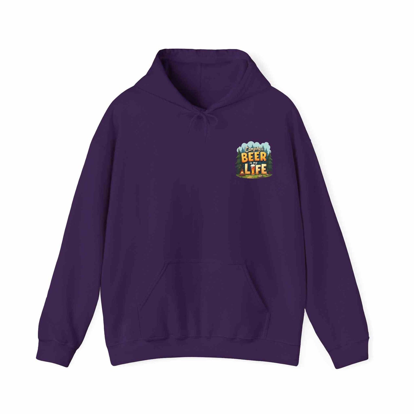 Purple unisex Beer Life Camping Hoodie with front kangaroo pocket and adjustable hood