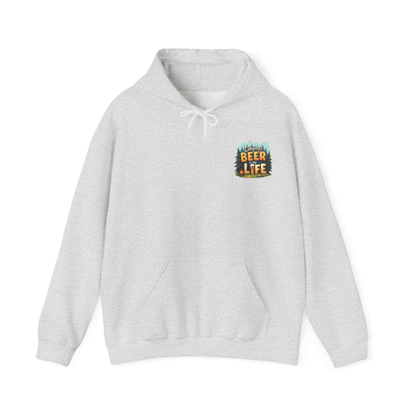 Unisex Beer Life Camping Hoodie with kangaroo pocket and adjustable hood, cozy outdoor sweatshirt for campers and beer lovers