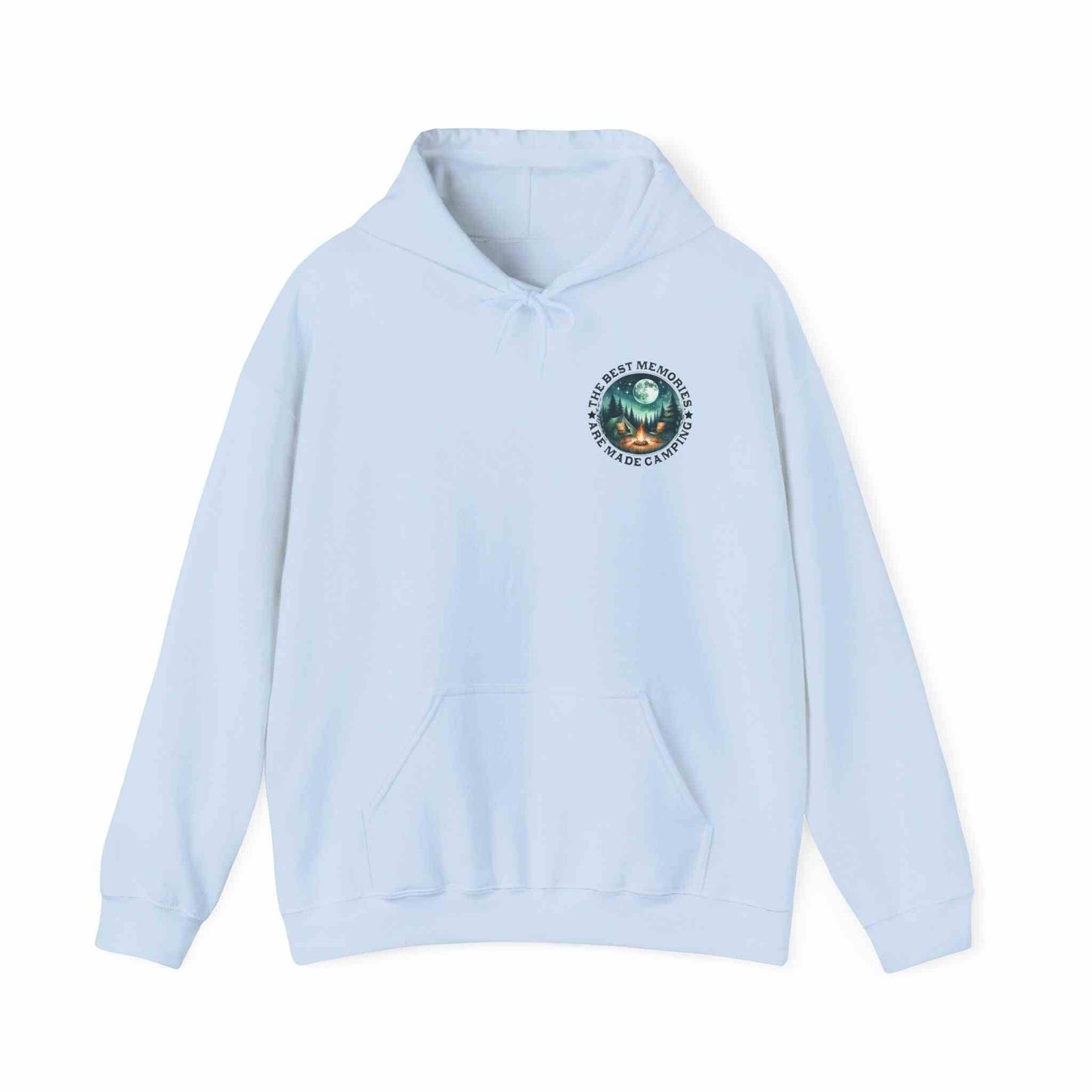 Light blue cozy unisex sweatshirt with camping adventure emblem on chest pocket area