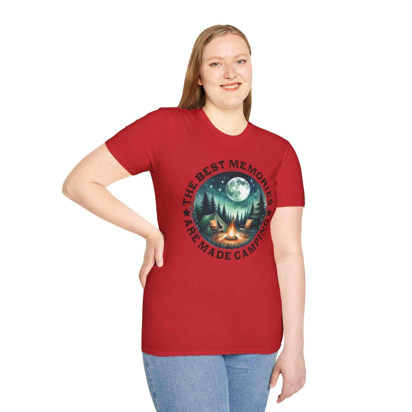 Camping Memories Unisex softstyle red t-shirt with camping design and outdoor theme worn by smiling woman