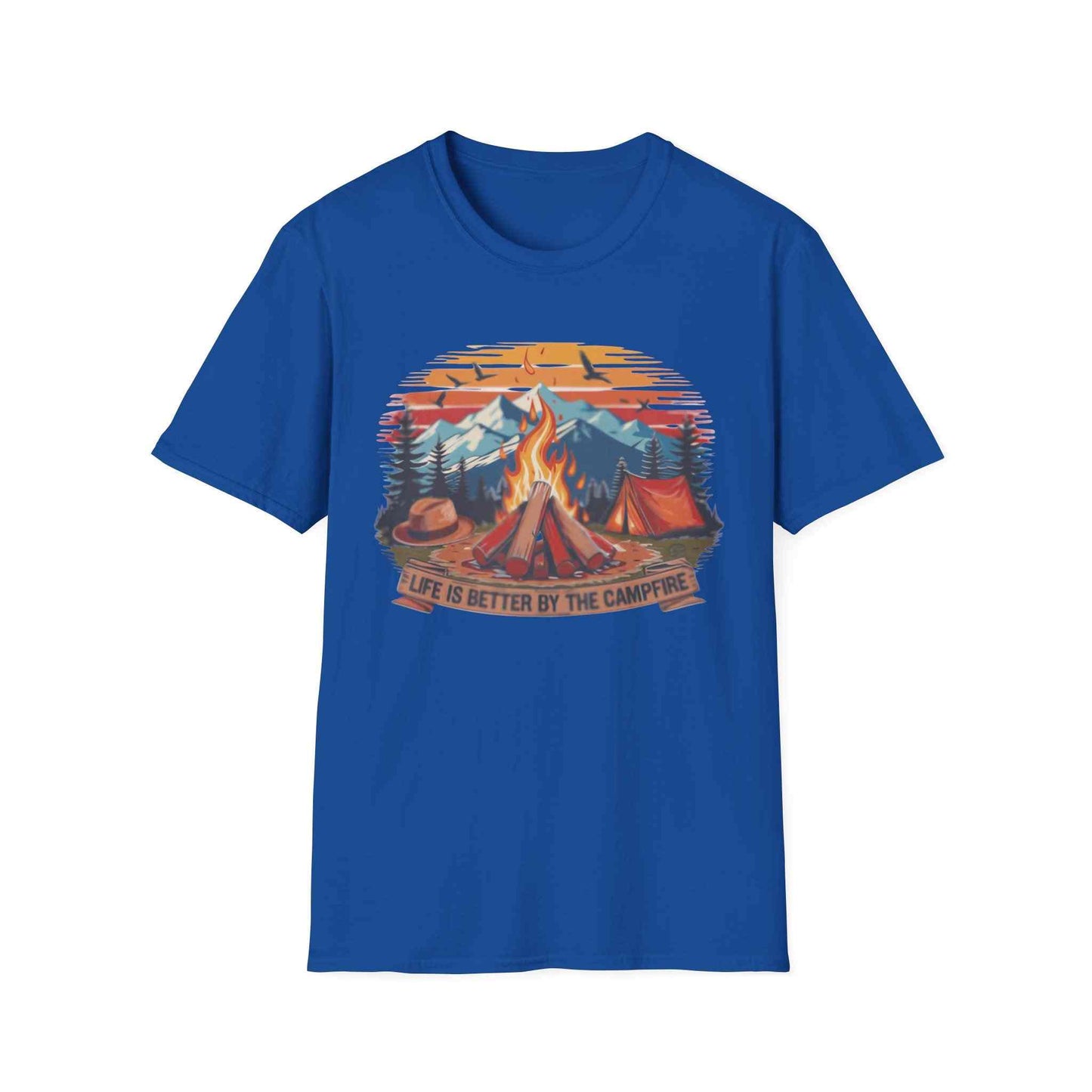 Blue unisex t-shirt with campfire and mountain design reading "Life is better by the campfire" Campfire Vibes Softstyle Tee