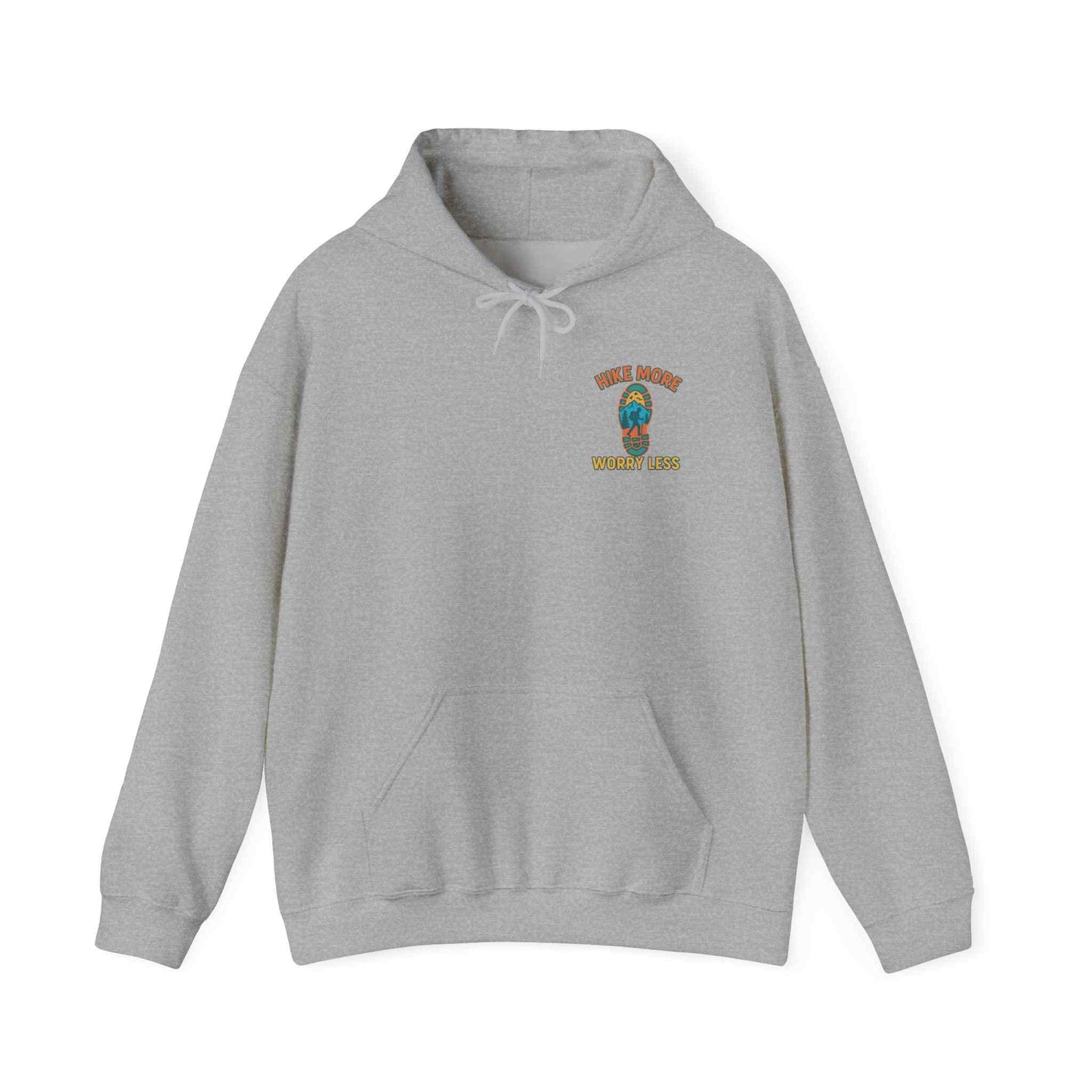 Unisex Heavy Blend™ Hooded Sweatshirt in grey with Hike More Worry Less graphic, cozy and durable outdoor hoodie