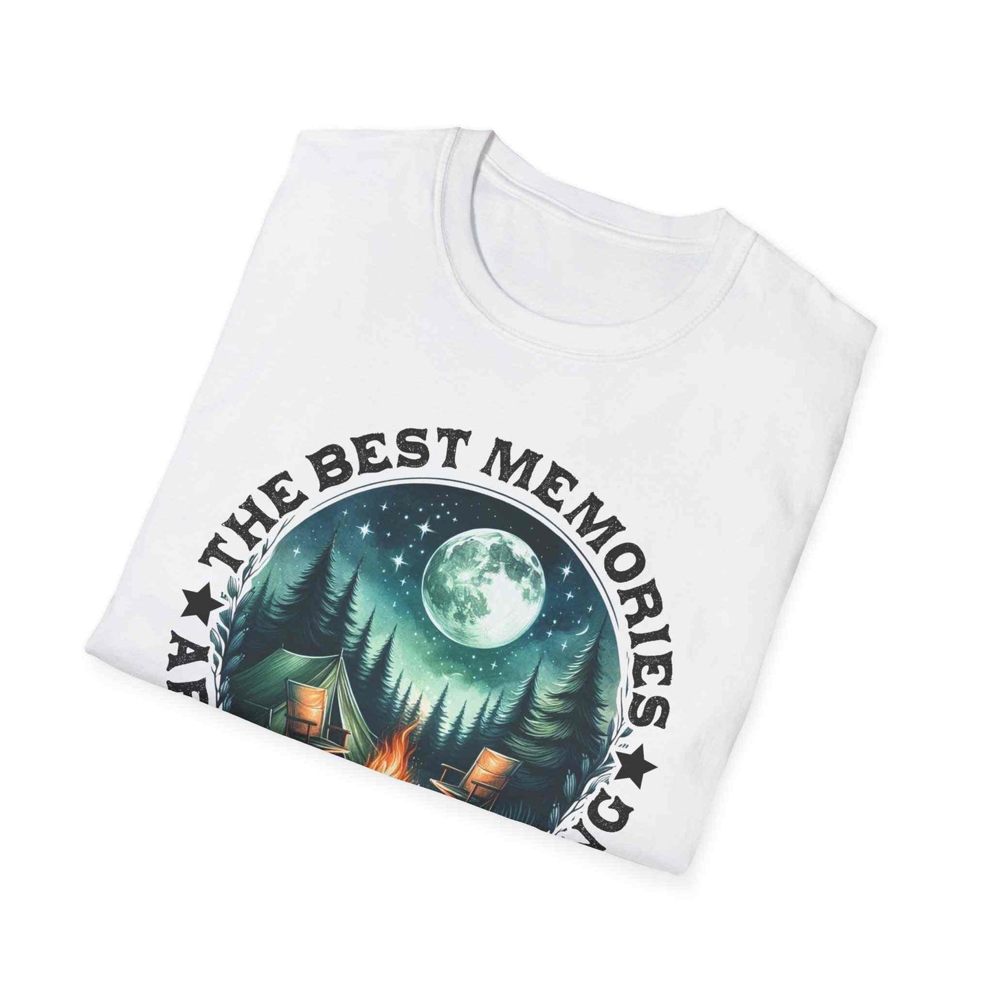 Camping Memories Unisex Softstyle T-Shirt with outdoor camping design and moonlit forest scene