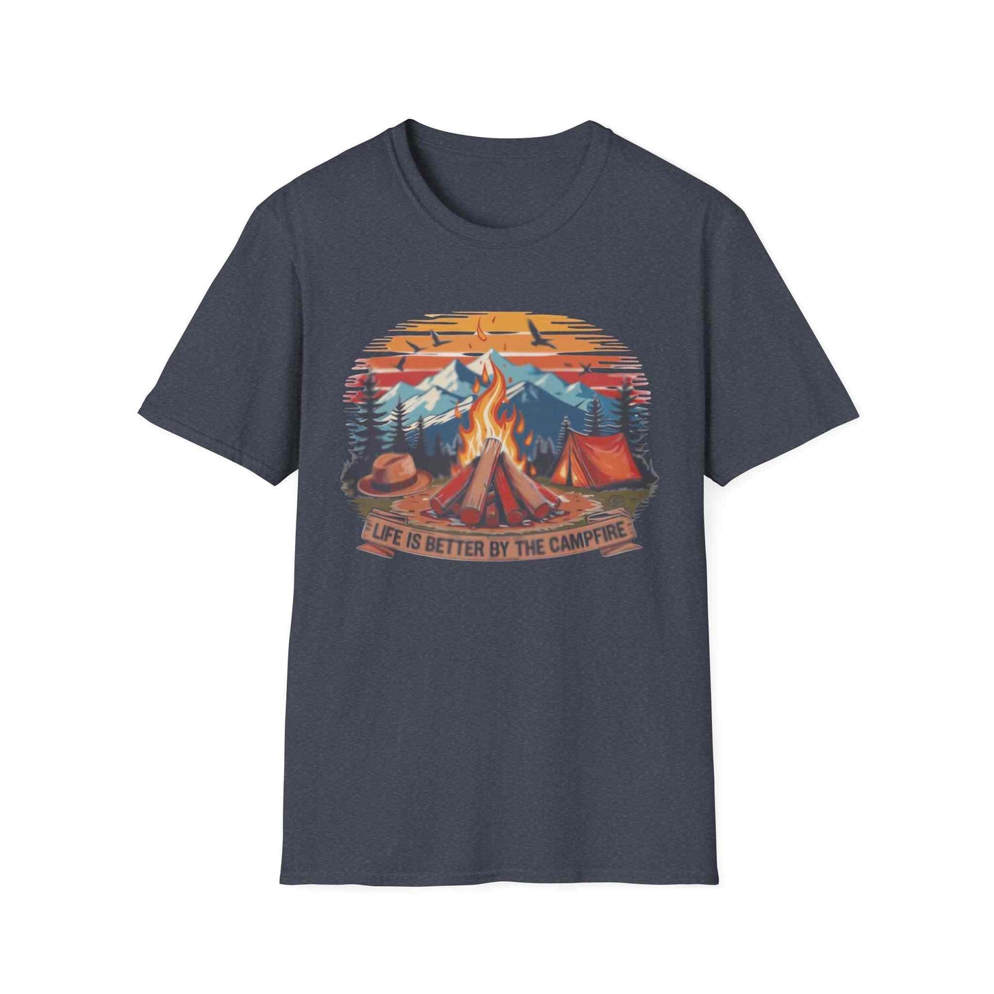 Campfire Vibes Unisex Softstyle T-Shirt with campfire and mountain design for outdoor lovers