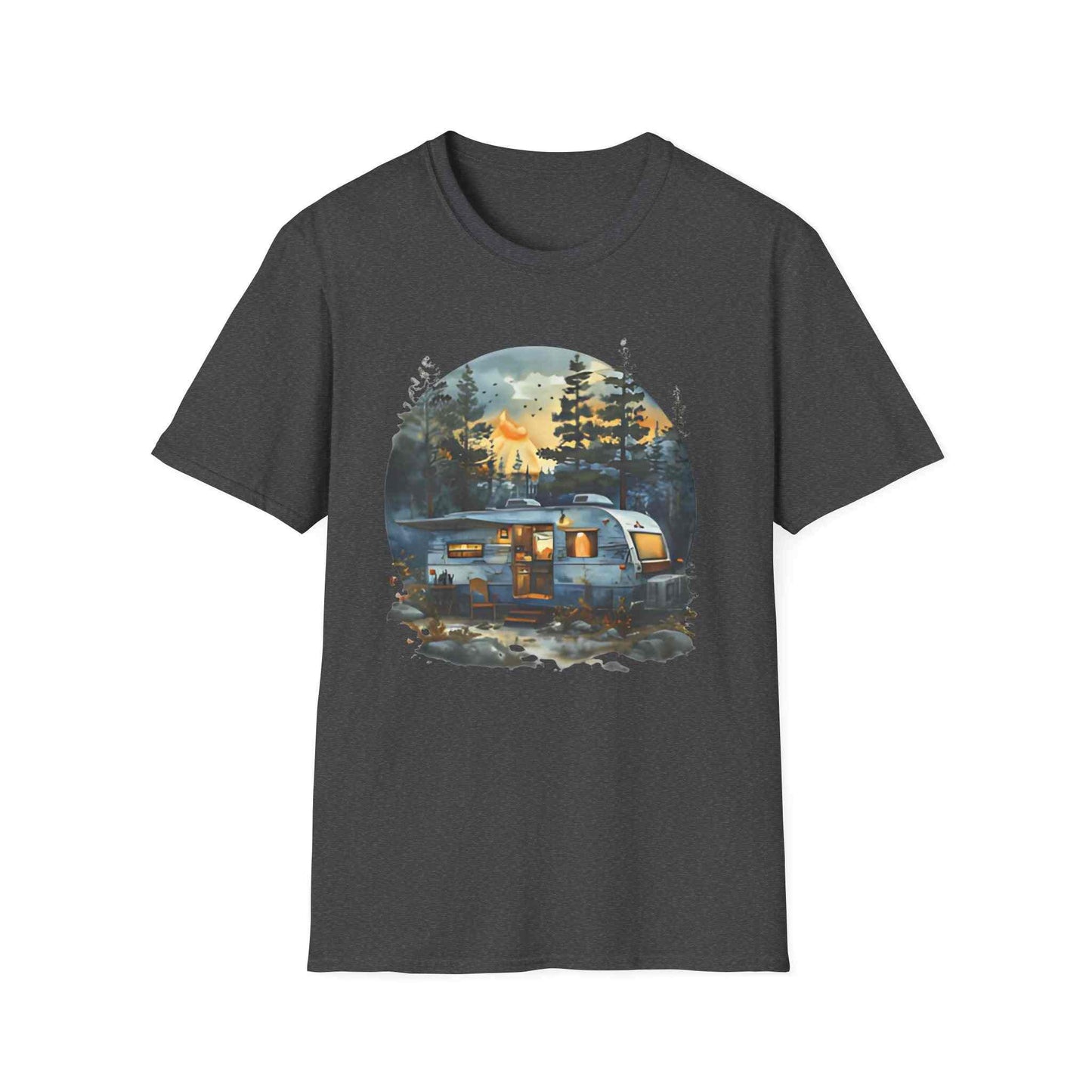 Cozy Camper Unisex Softstyle T-Shirt with camper and forest night print on dark fabric