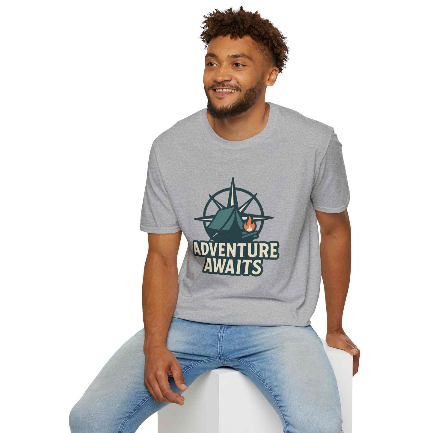 Adventure Awaits Unisex Softstyle T-Shirt, Camping Shirt, Hiking Tee, Outdoor Enthusiast Gift, Adventure Lover Apparel, Travel T-Shirt