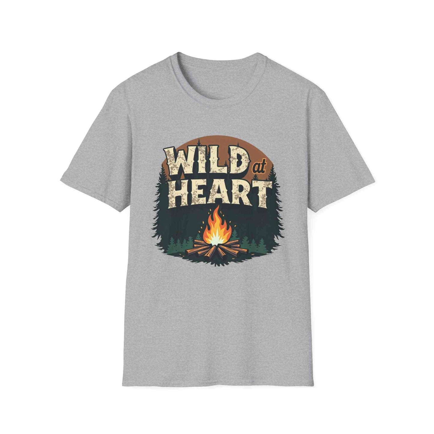 Grey Wild at Heart Camping T-Shirt with campfire and forest graphic for outdoor adventure enthusiasts