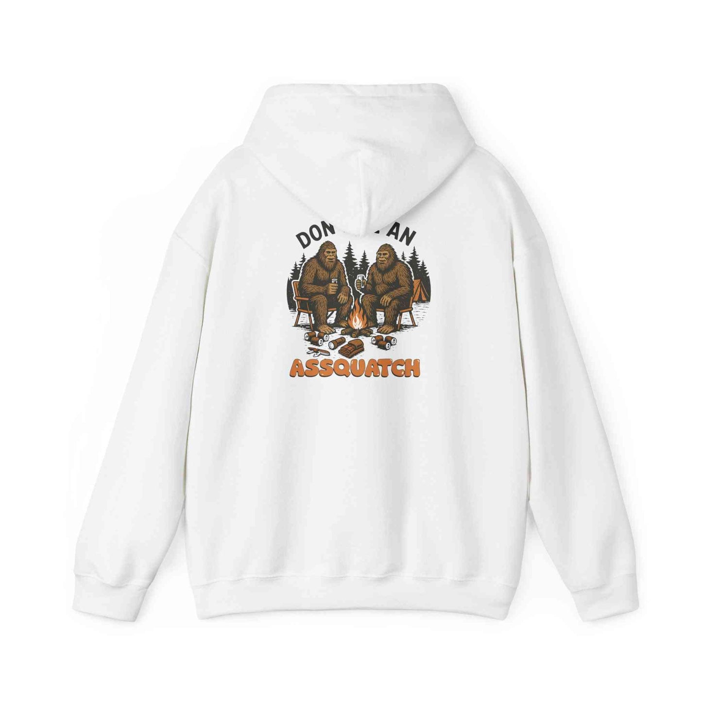 White cozy Bigfoot hoodie with Sasquatch campfire design on back, unisex outdoor sweatshirt for nature lovers