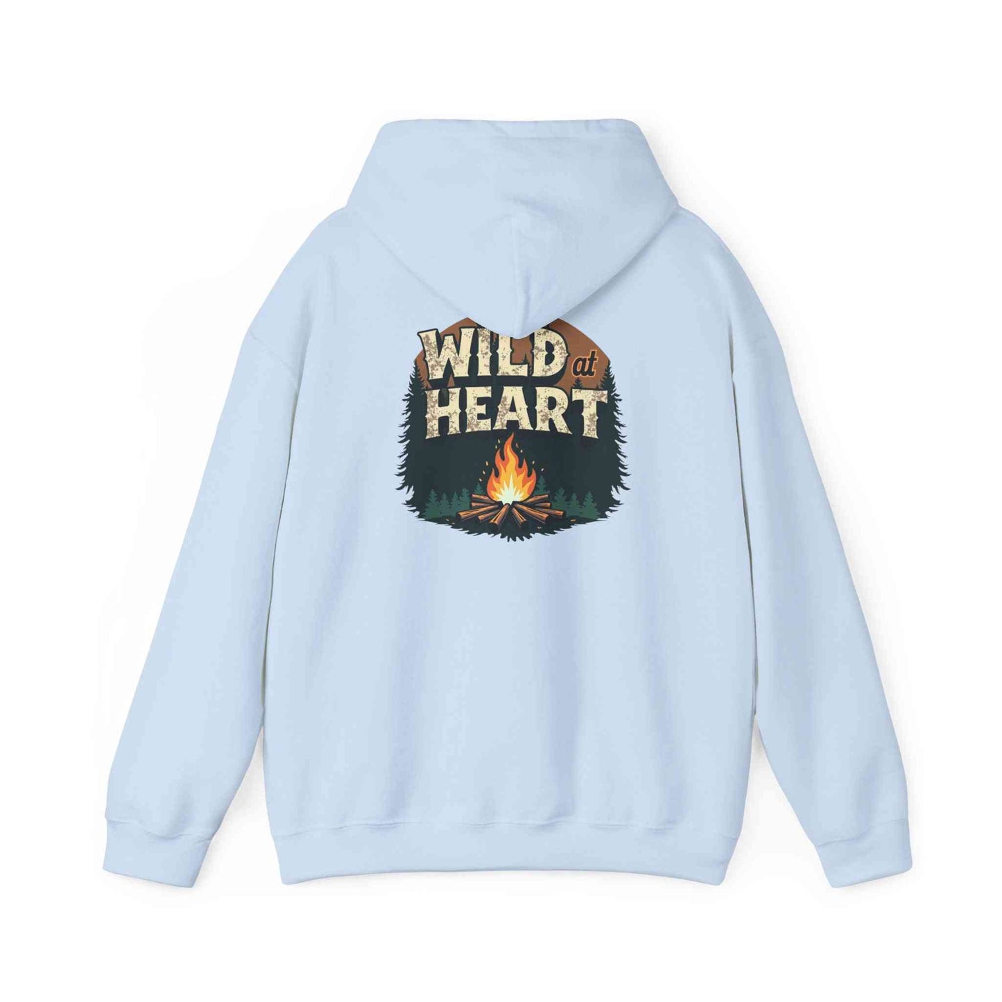 Light blue Wild Heart Unisex Hoodie featuring a campfire graphic and "Wild at Heart" text on the back, cozy camping sweatshirt design