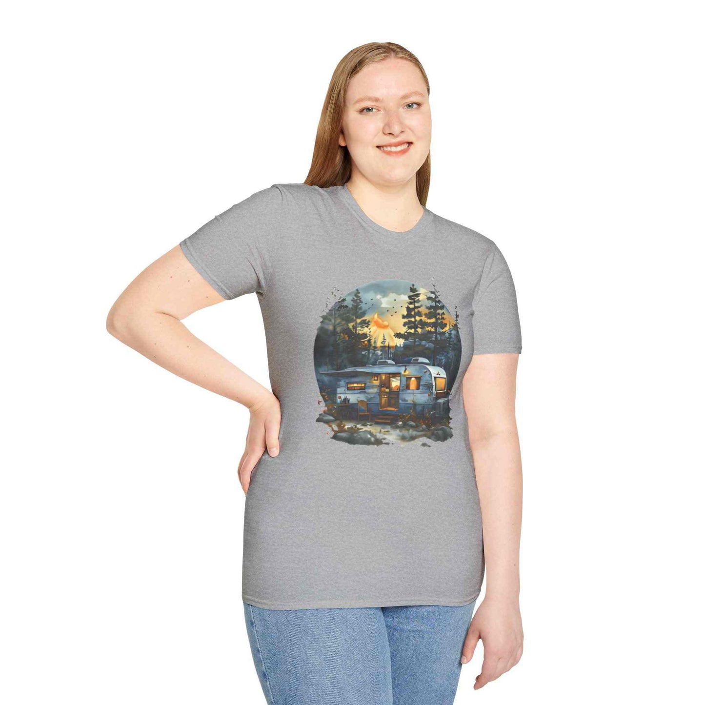 Woman wearing gray Cozy Camper Unisex Softstyle T-Shirt with outdoor camper and forest design
