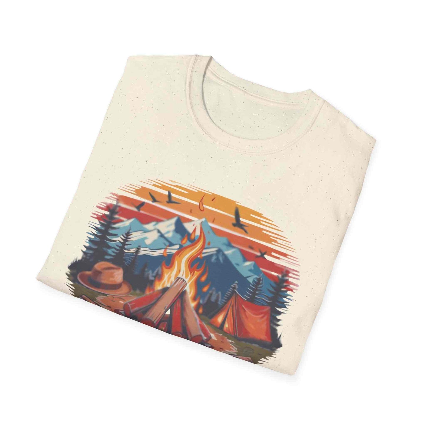 Campfire Vibes Unisex Softstyle T-Shirt with outdoor camping design featuring mountains, tents, and campfire on cream fabric