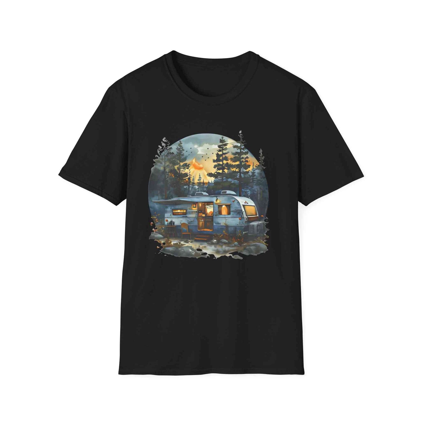 Cozy Camper Unisex black t-shirt with vintage camper design and forest background