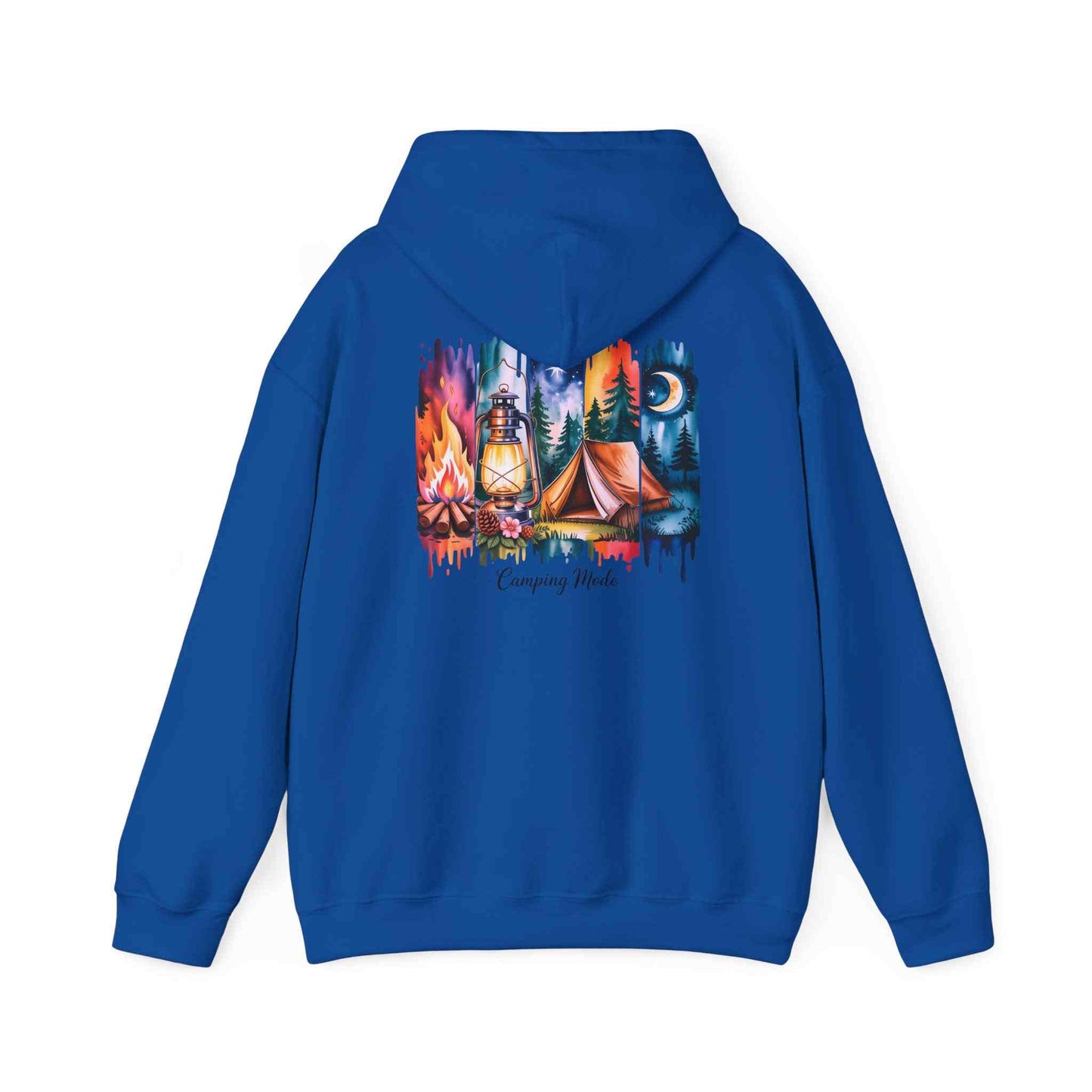 Unisex cozy camping hoodie with outdoor campfire, lantern, and tent graphic on back in blue heavy blend sweatshirt