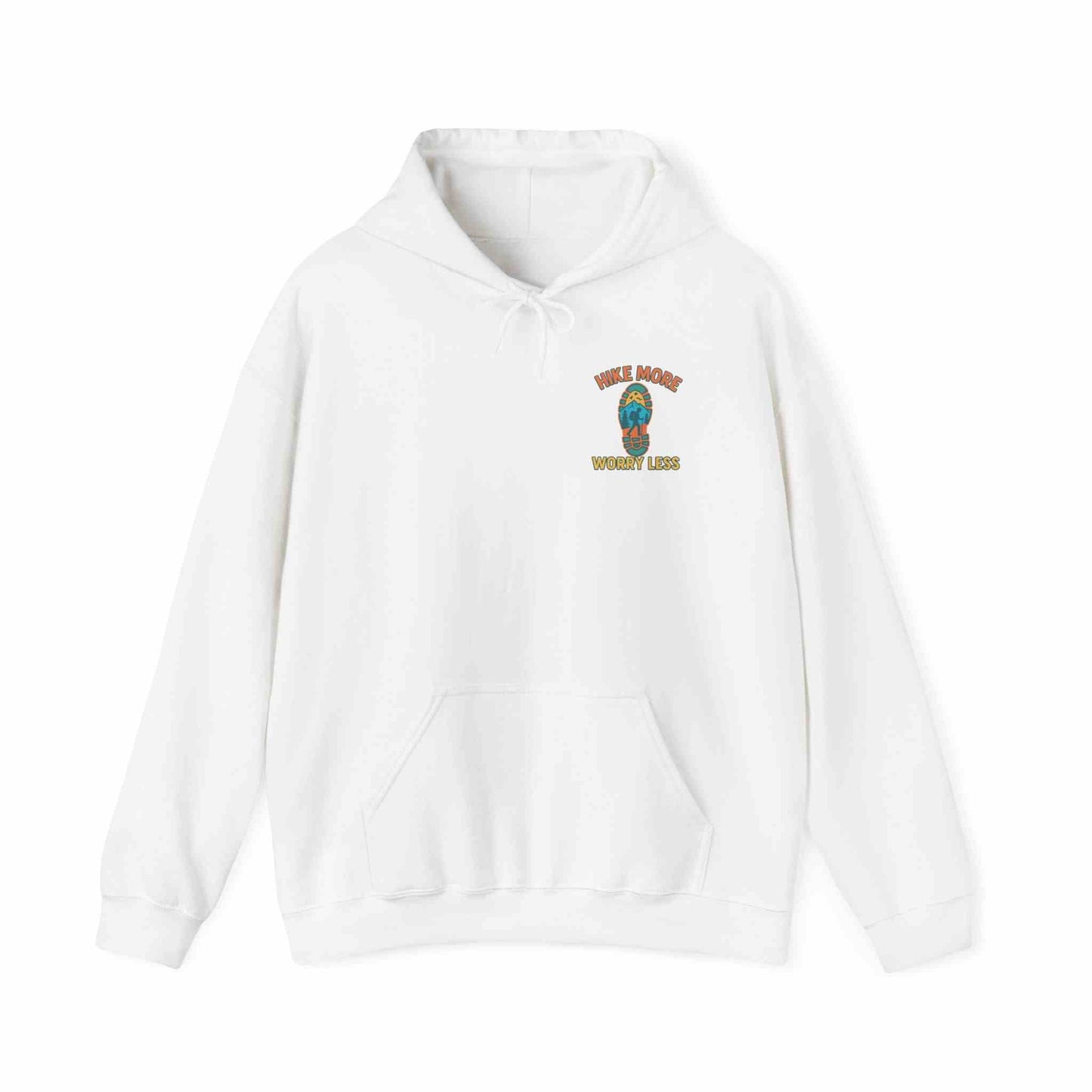 White unisex heavy blend hooded sweatshirt with "Hike More Worry Less" graphic on chest