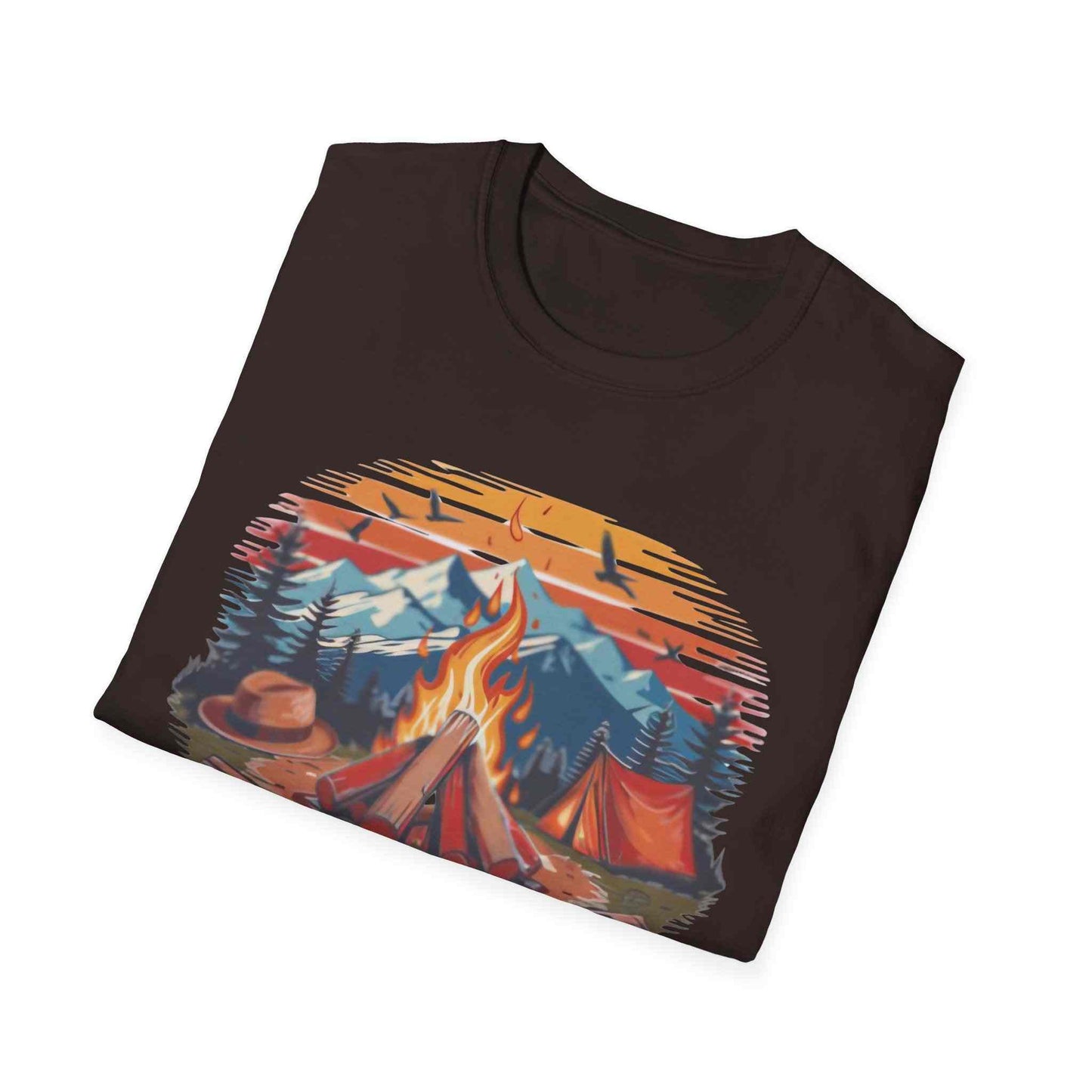 Campfire Vibes Unisex Softstyle T-Shirt with outdoor campfire and mountain design on brown fabric