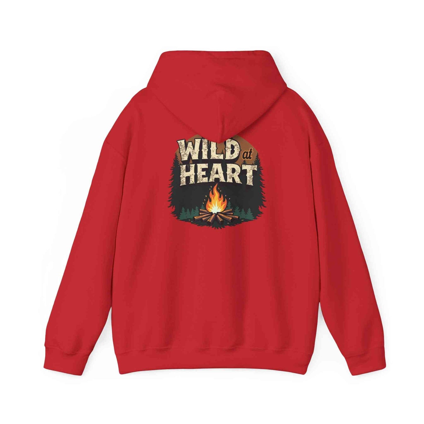 Red Wild Heart Unisex Hoodie with campfire graphic on back, cozy outdoor sweatshirt