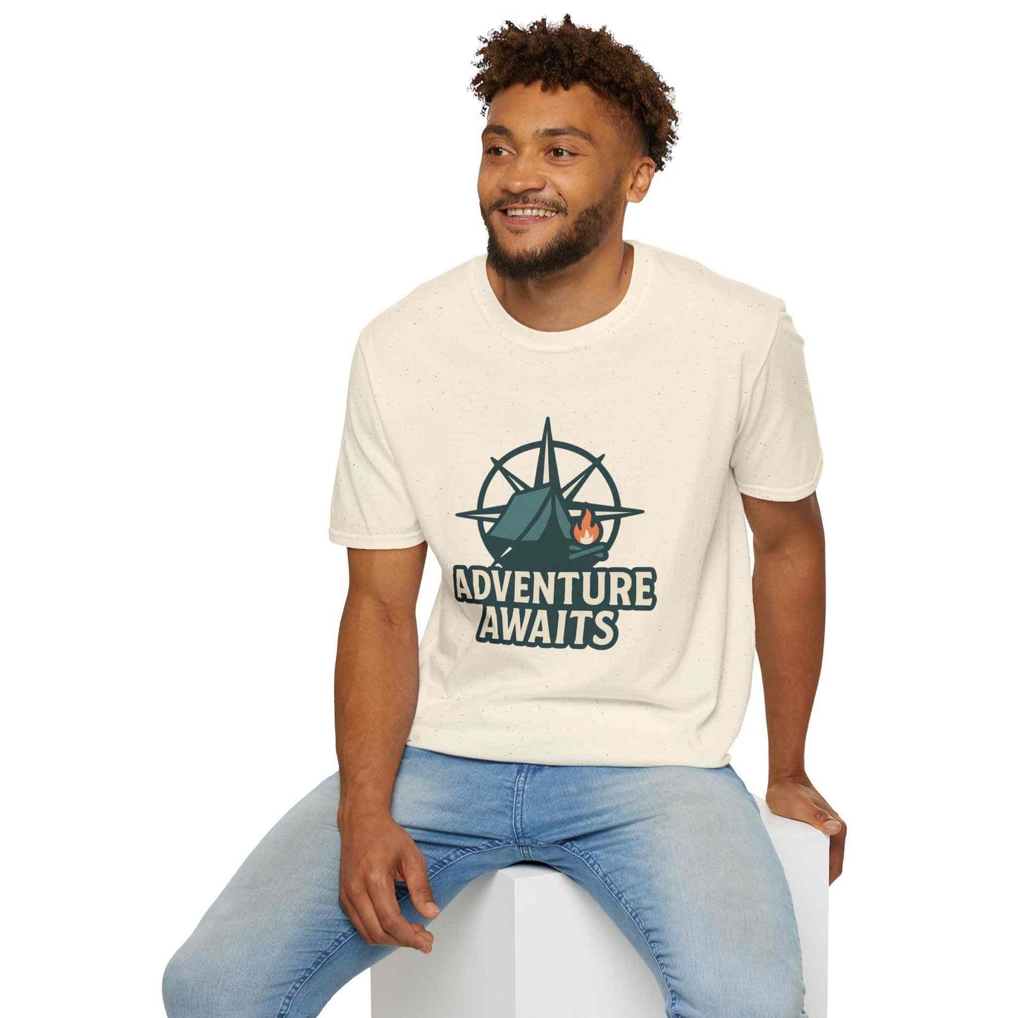 Adventure Awaits Unisex Softstyle T-Shirt, Camping Shirt, Hiking Tee, Outdoor Enthusiast Gift, Adventure Lover Apparel, Travel T-Shirt