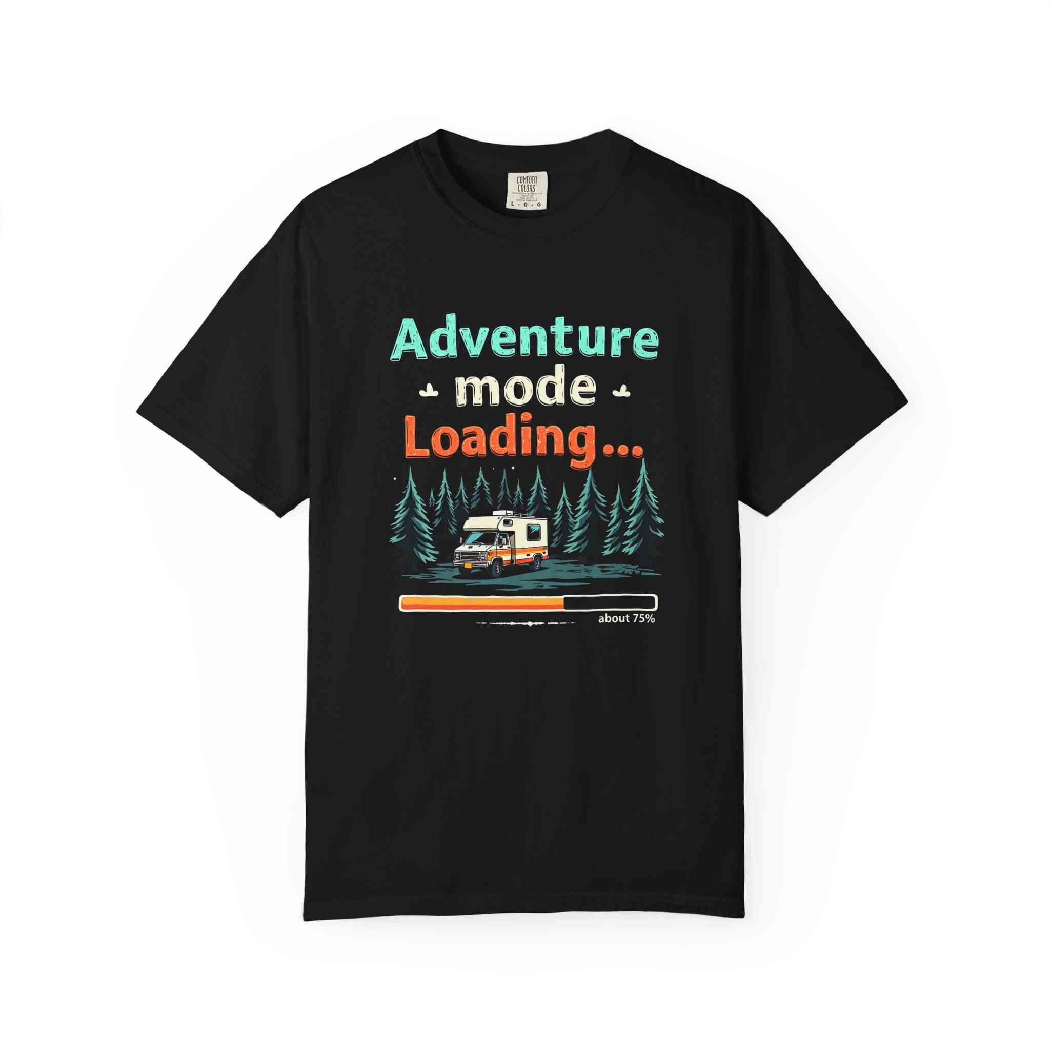 Black unisex t-shirt with "Adventure Mode Loading" text and camper van graphic in forest for outdoor adventure lovers