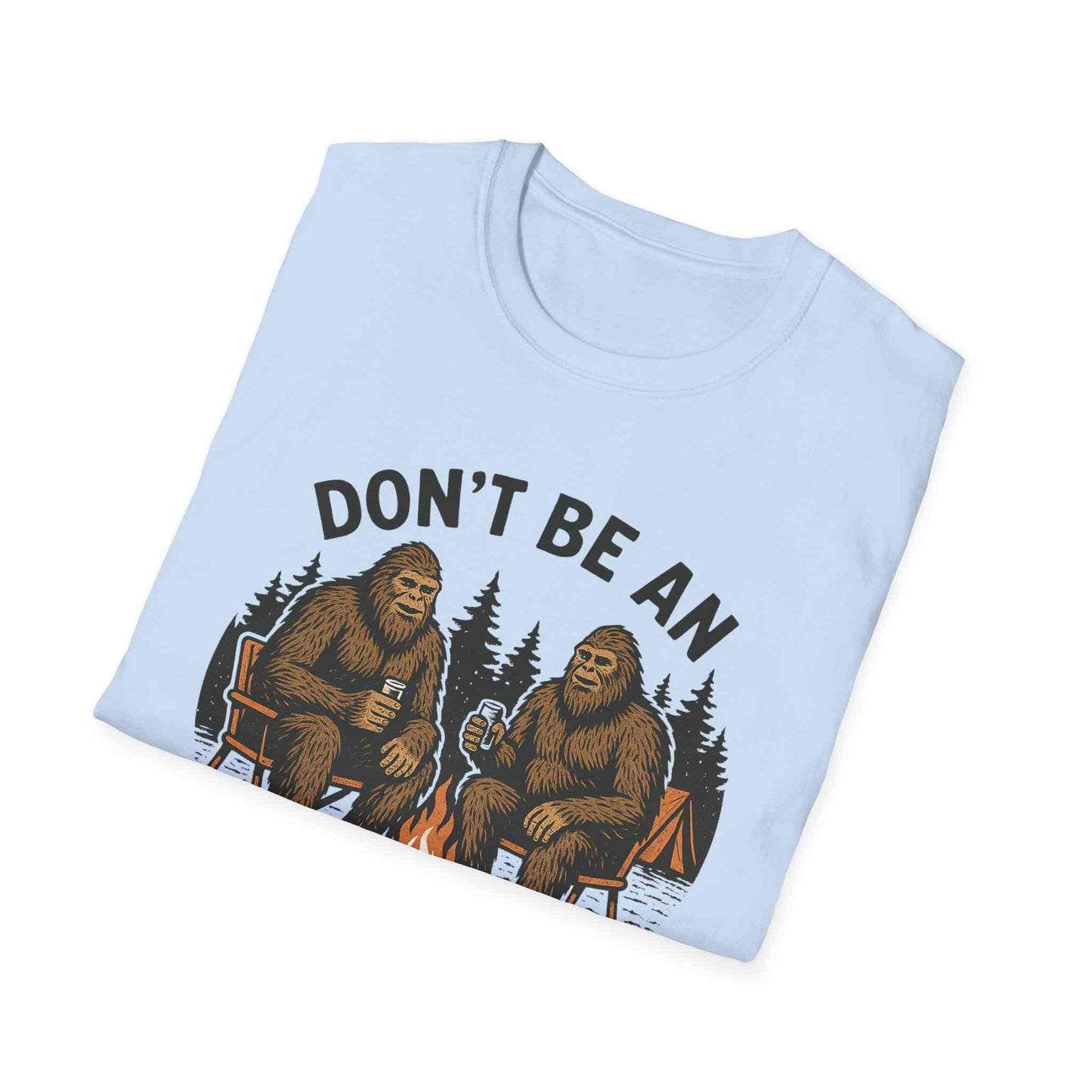 Funny Sasquatch Camping T-Shirt with Bigfoot design and humorous outdoor theme on light blue tee