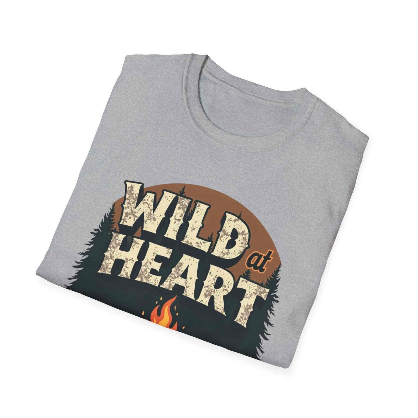 Wild at Heart Camping T-Shirt gray with outdoor campfire design and trees