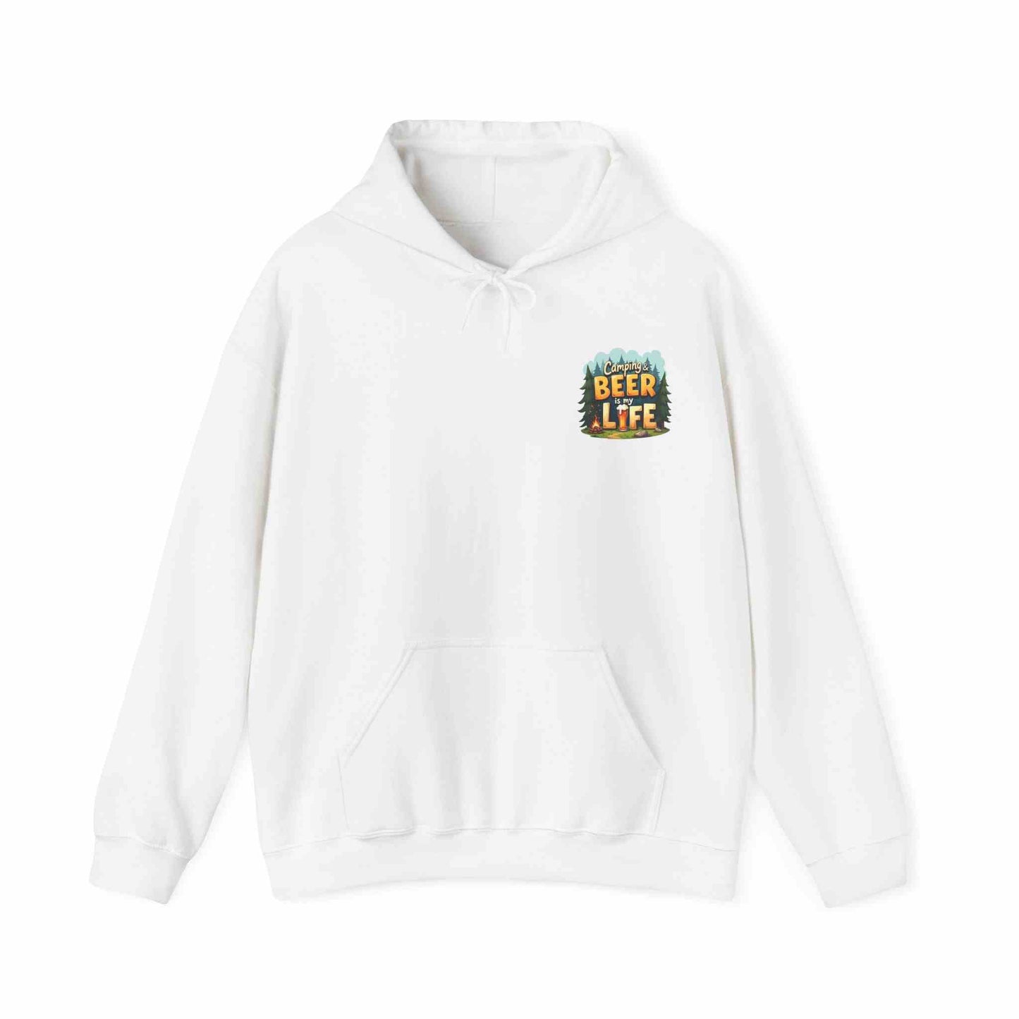 White unisex heavy blend hoodie with Beer Life Camping graphic, kangaroo pocket, and adjustable hood.