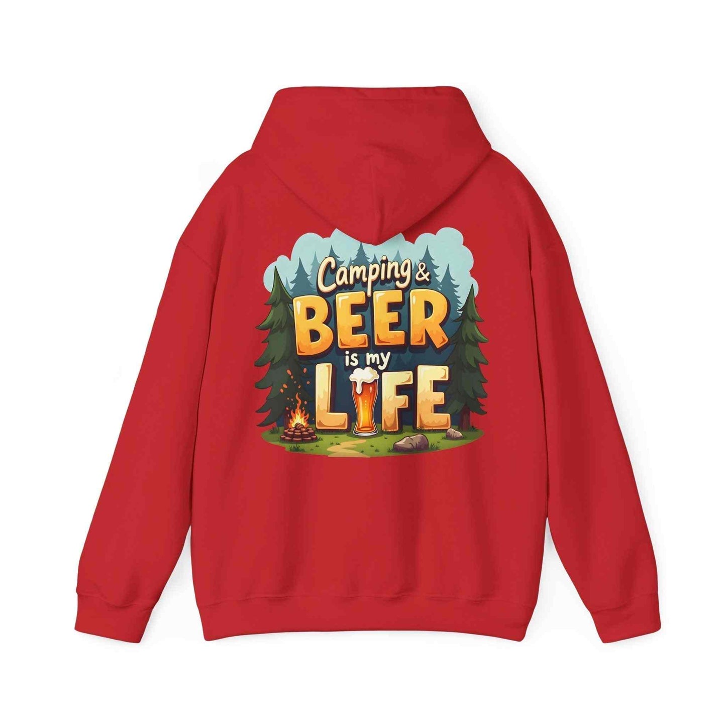 red unisex Beer Life Camping Hoodie with outdoor camping and beer graphic design on the back
