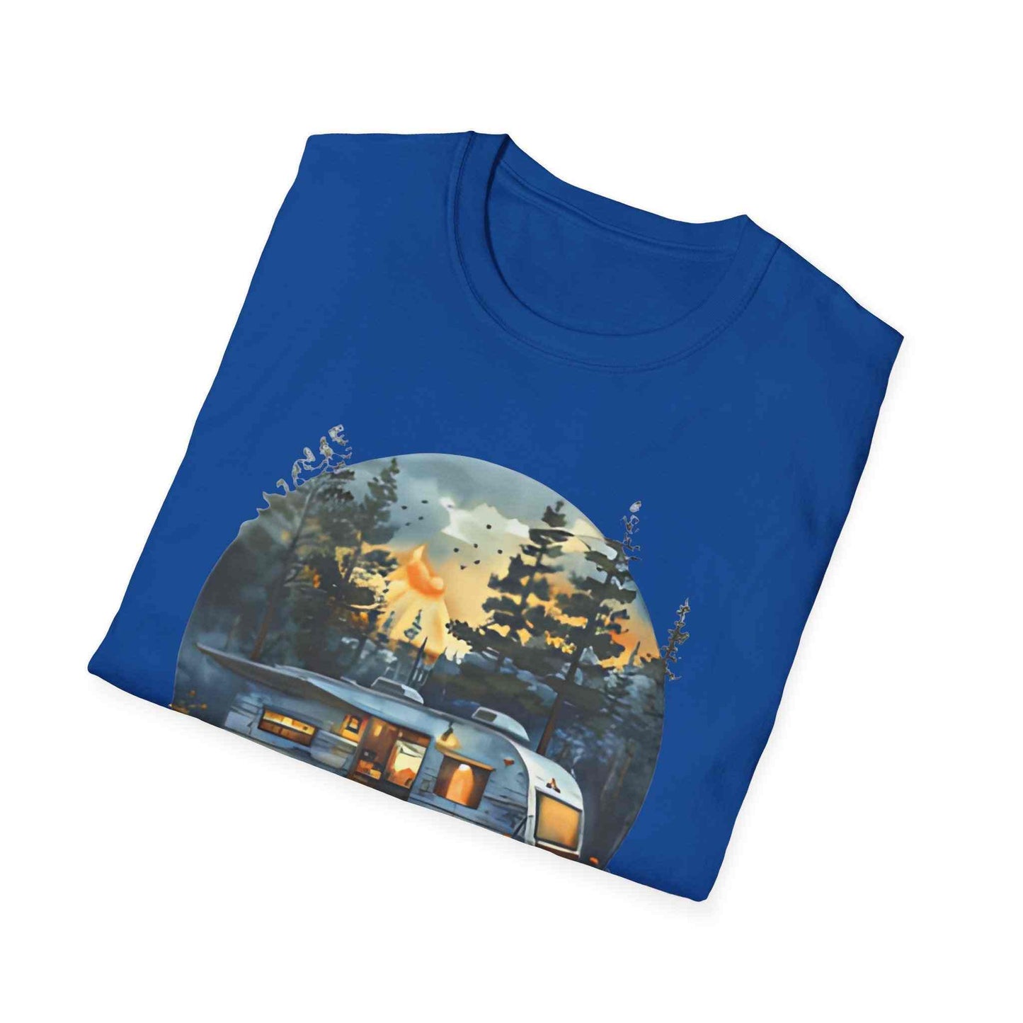 Blue Cozy Camper Unisex Softstyle T-Shirt with camping trailer and forest graphic design
