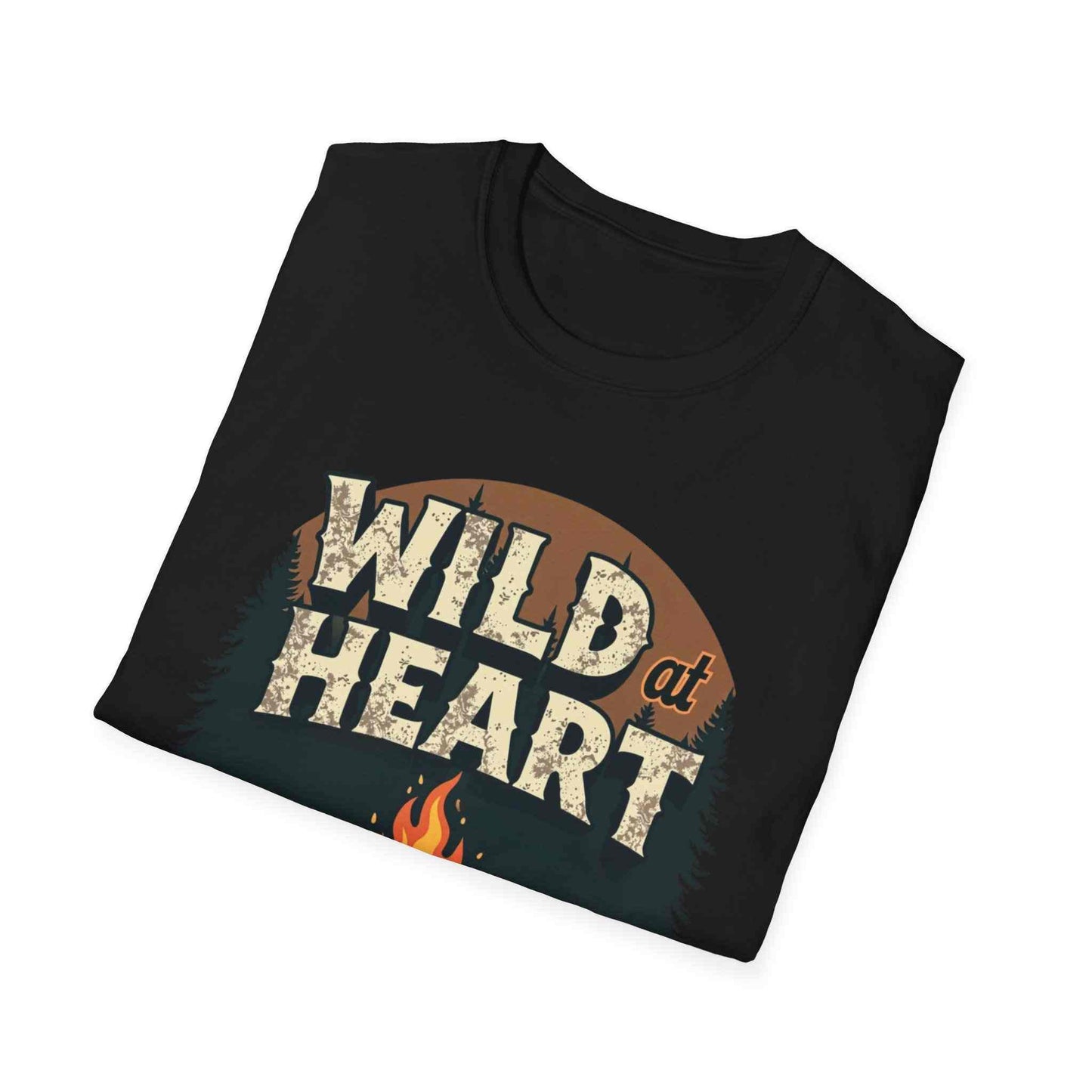 Black Wild at Heart Camping T-Shirt with outdoor adventure graphic and campfire design