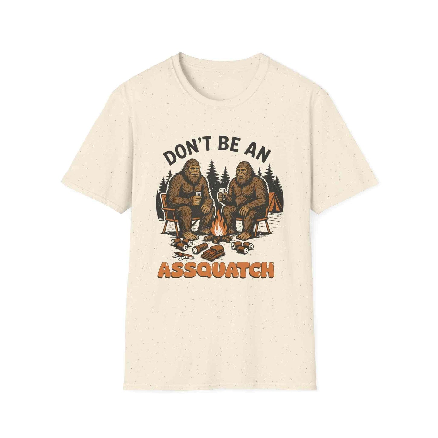 Funny Sasquatch Camping T-Shirt with humorous Bigfoot design camping by campfire on unisex tee