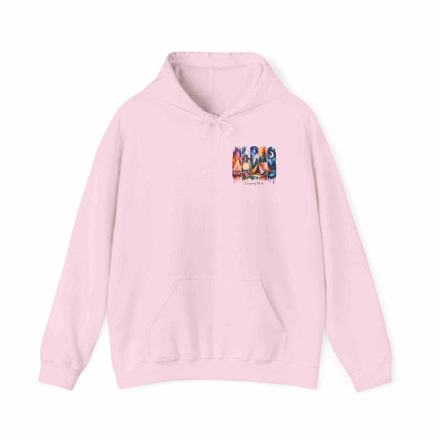Unisex pink cozy camping hoodie with forest and campfire design on chest, heavy blend sweatshirt for outdoor warmth and comfort