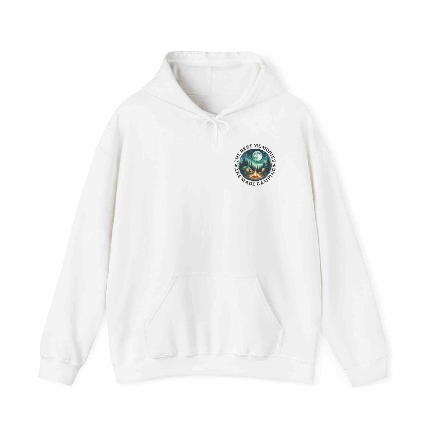 White unisex cozy Camping Adventure sweatshirt with front pocket and nature-themed logo