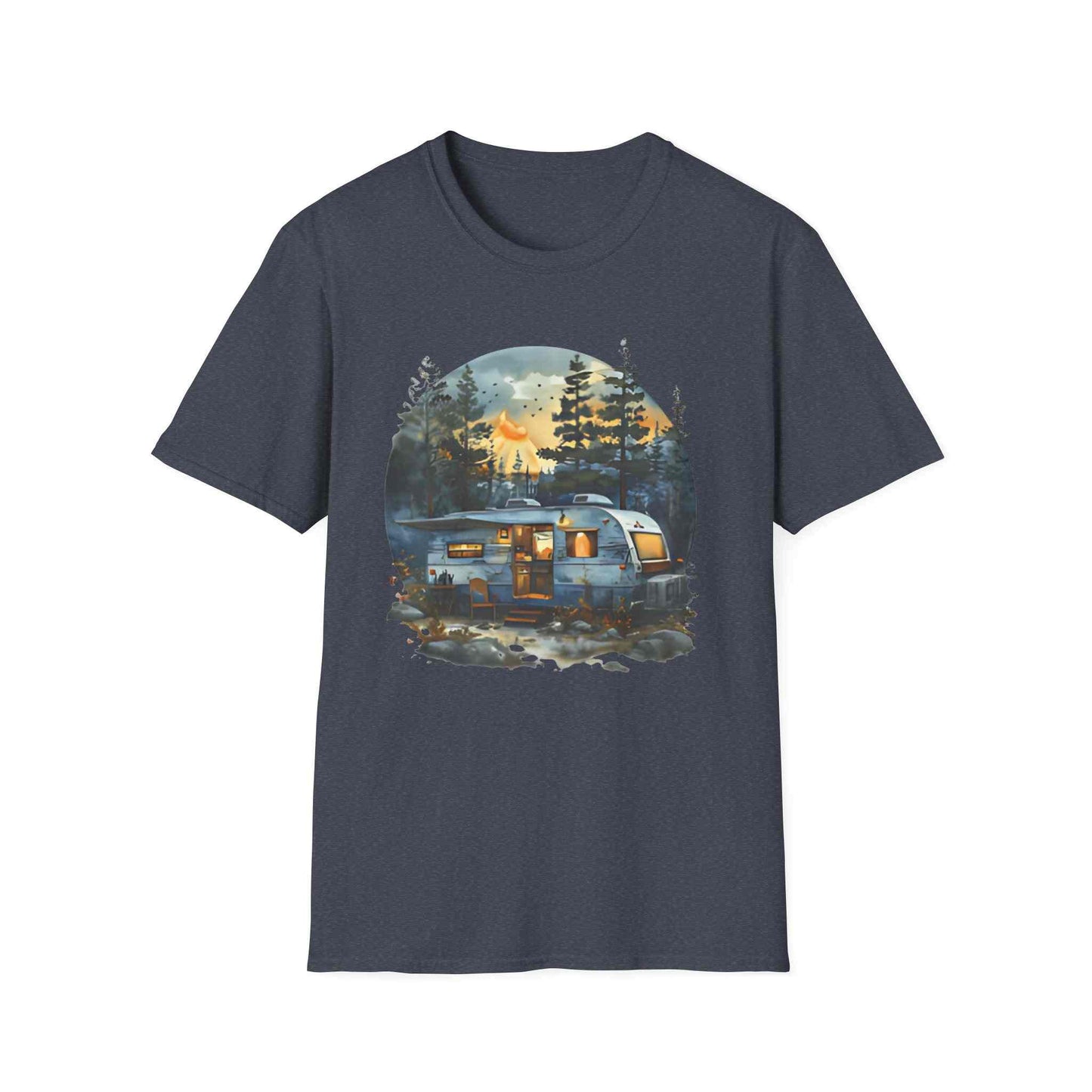 Cozy Camper Unisex Softstyle T-Shirt with vintage camper and forest design on navy blue background