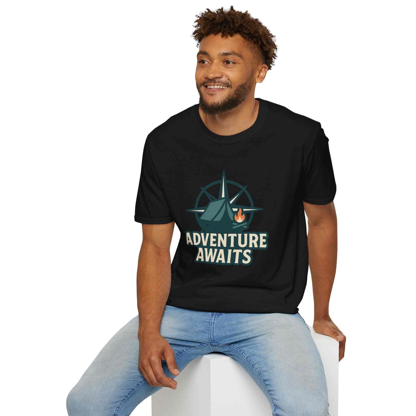 Adventure Awaits Unisex Softstyle T-Shirt, Camping Shirt, Hiking Tee, Outdoor Enthusiast Gift, Adventure Lover Apparel, Travel T-Shirt