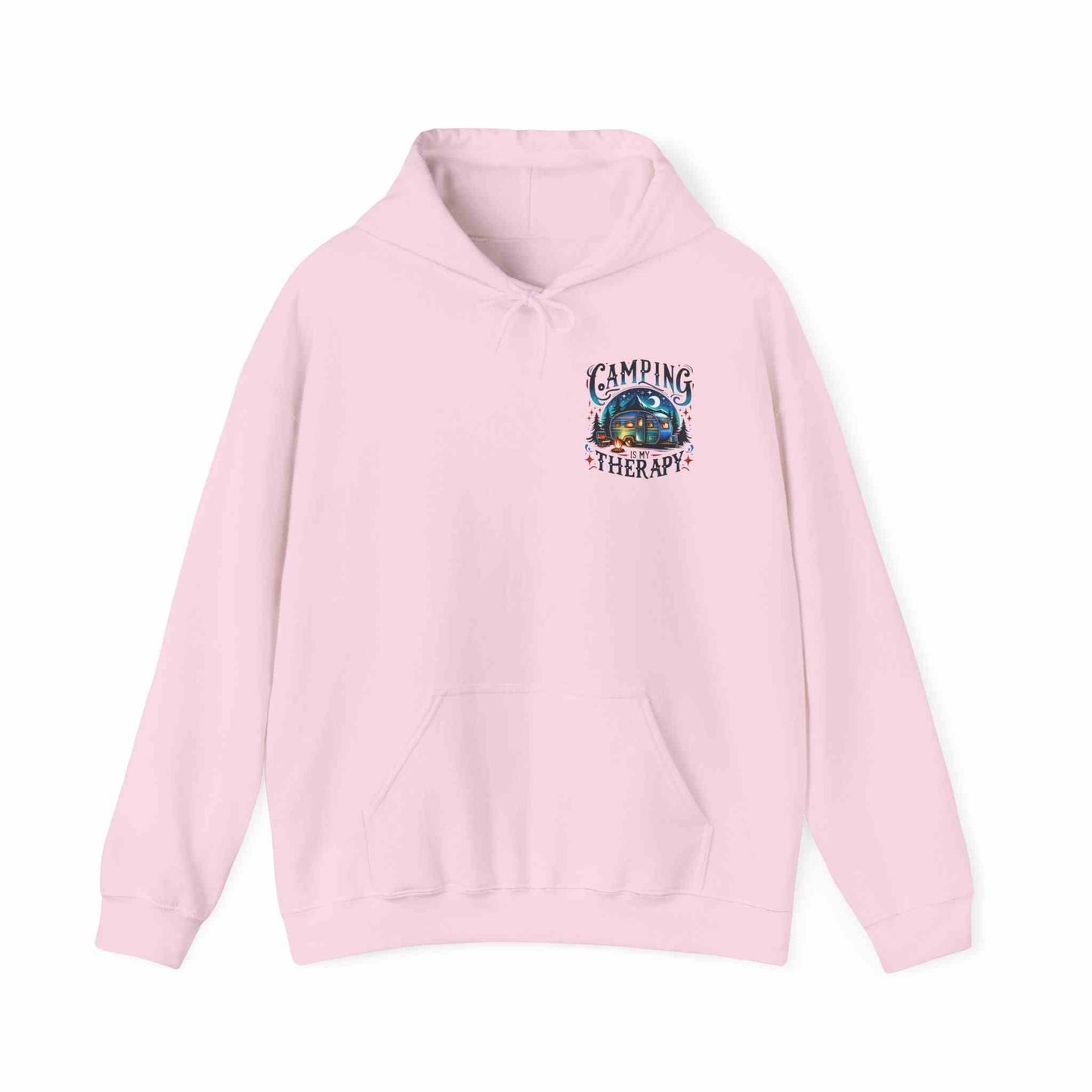 pink Camping Therapy Sweatshirt cozy unisex hooded sweatshirt with outdoor camping graphic design