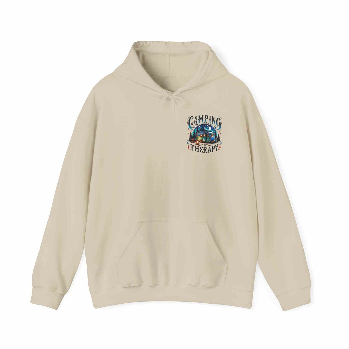 Beige Camping Therapy Sweatshirt with cozy hood and front pocket for outdoor lovers